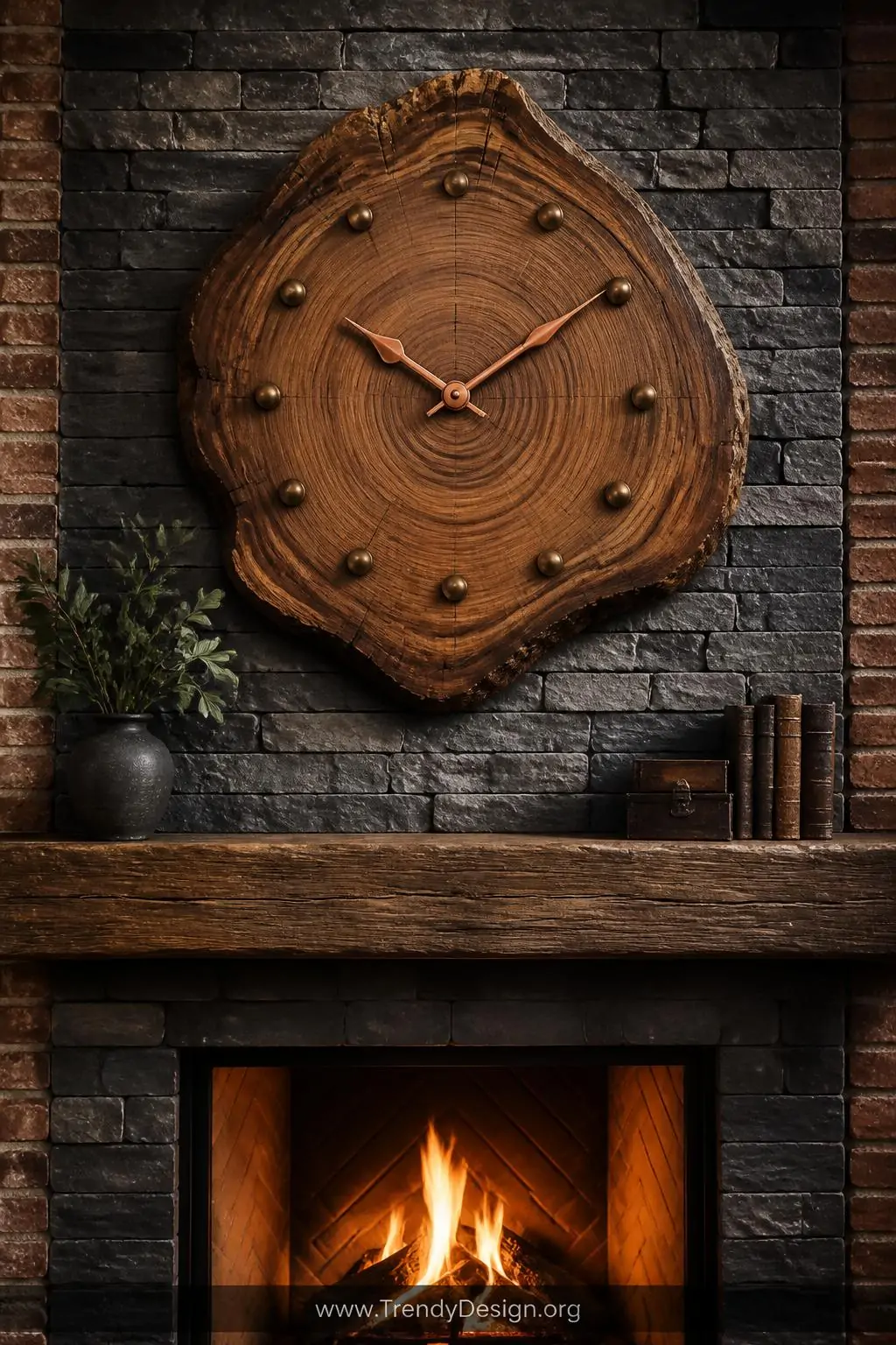 Medium shot of a stone fireplace mantel with a large natural wood slice clock mounted above, visible wood grain rings forming