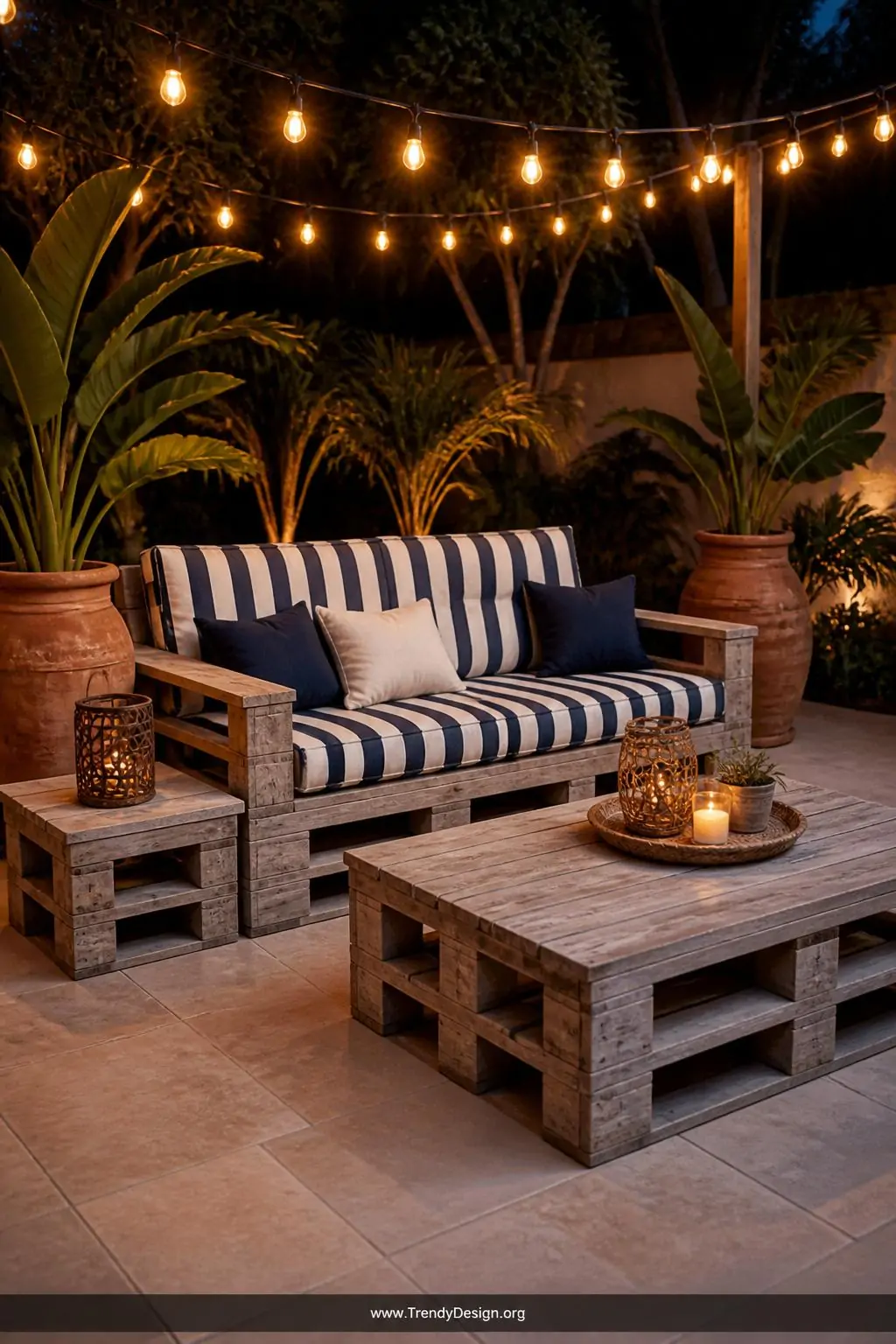 Wide shot of a stylish outdoor patio featuring a matching pallet furniture set including a wide sofa, rectangular coffee tabl