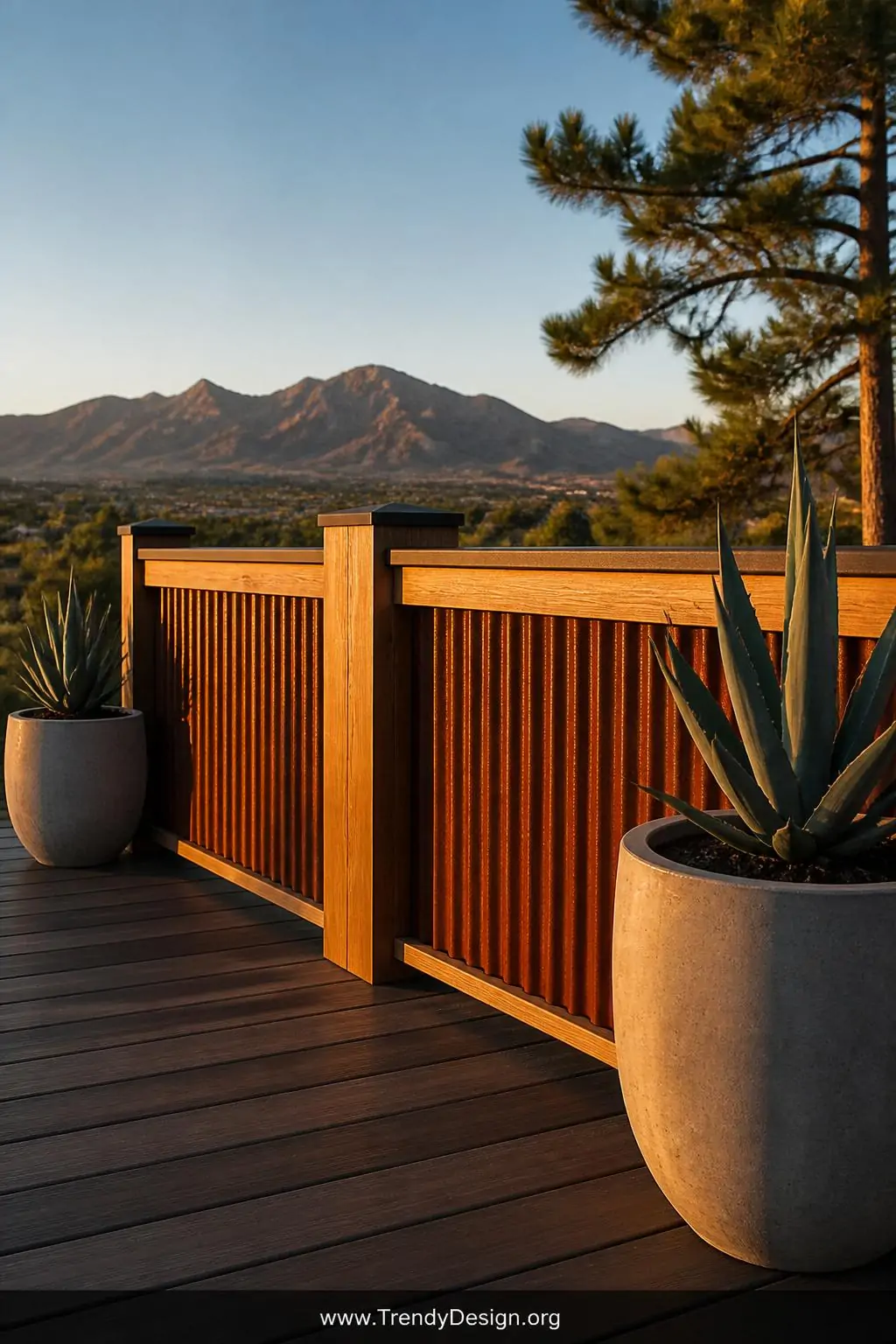 A wide exterior shot of a bold contemporary deck railing system combining corrugated Corten steel panels displaying their cha