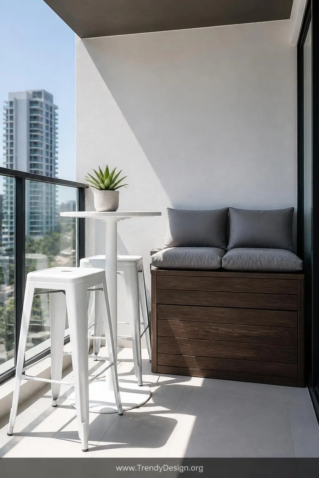 Medium shot of a slim white bar-height table paired with two matching white metal stools on a small balcony, a dark espresso-