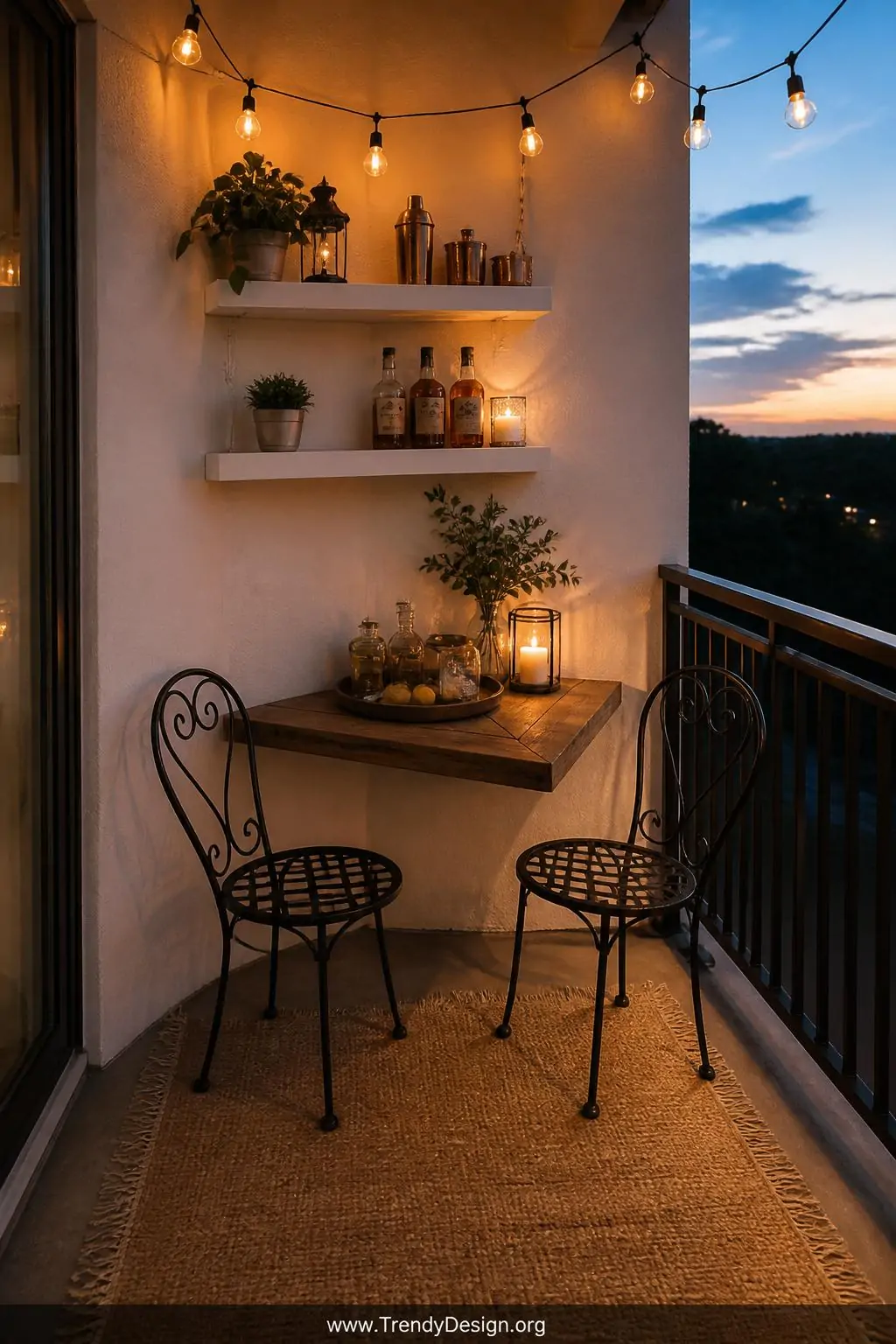 Wide shot of a small balcony corner bar nook with two white floating shelves mounted at staggered heights in a whitewashed co