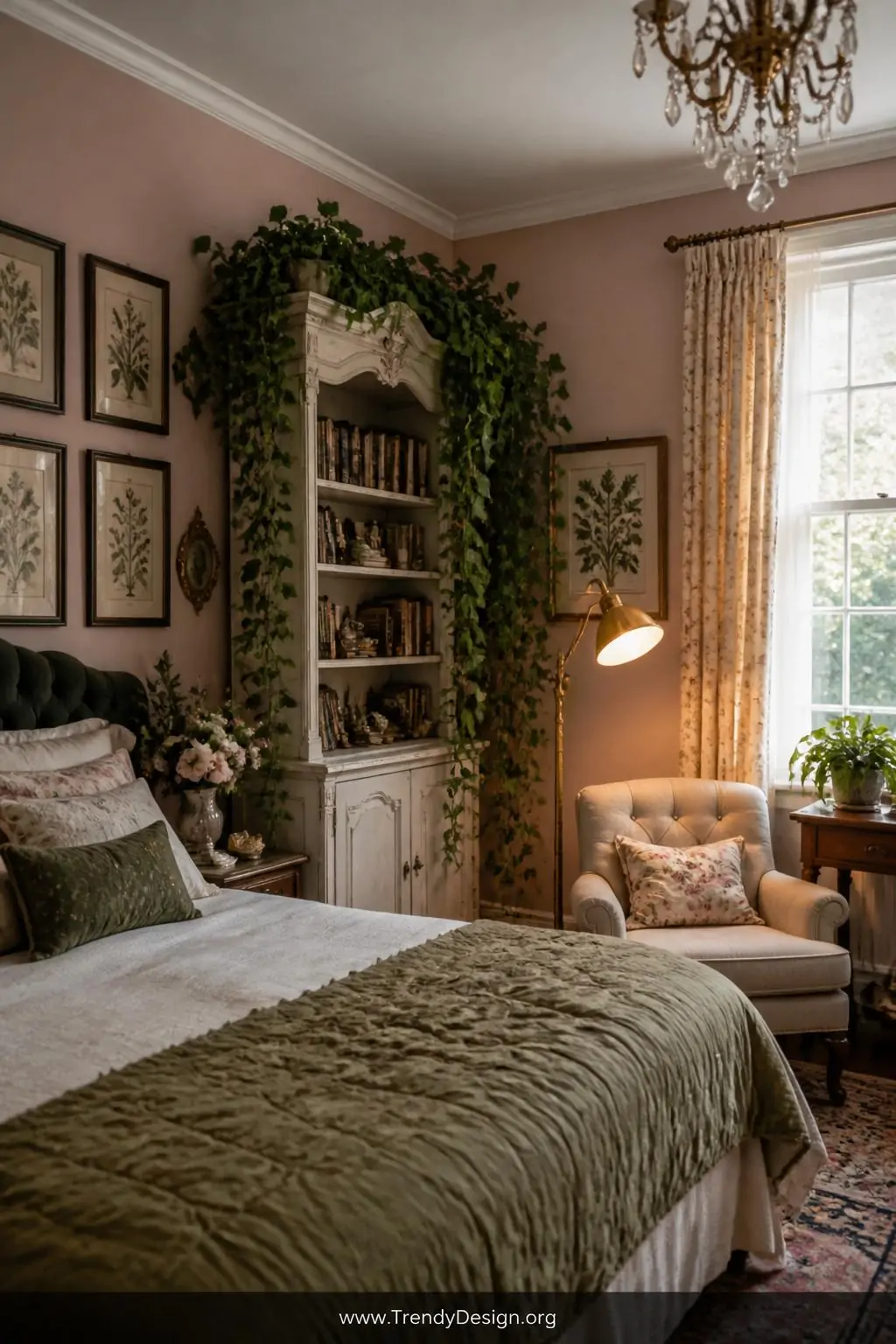 A wide bedroom shot with English ivy trailing dramatically from a tall antique white bookcase near a window with filtered nat