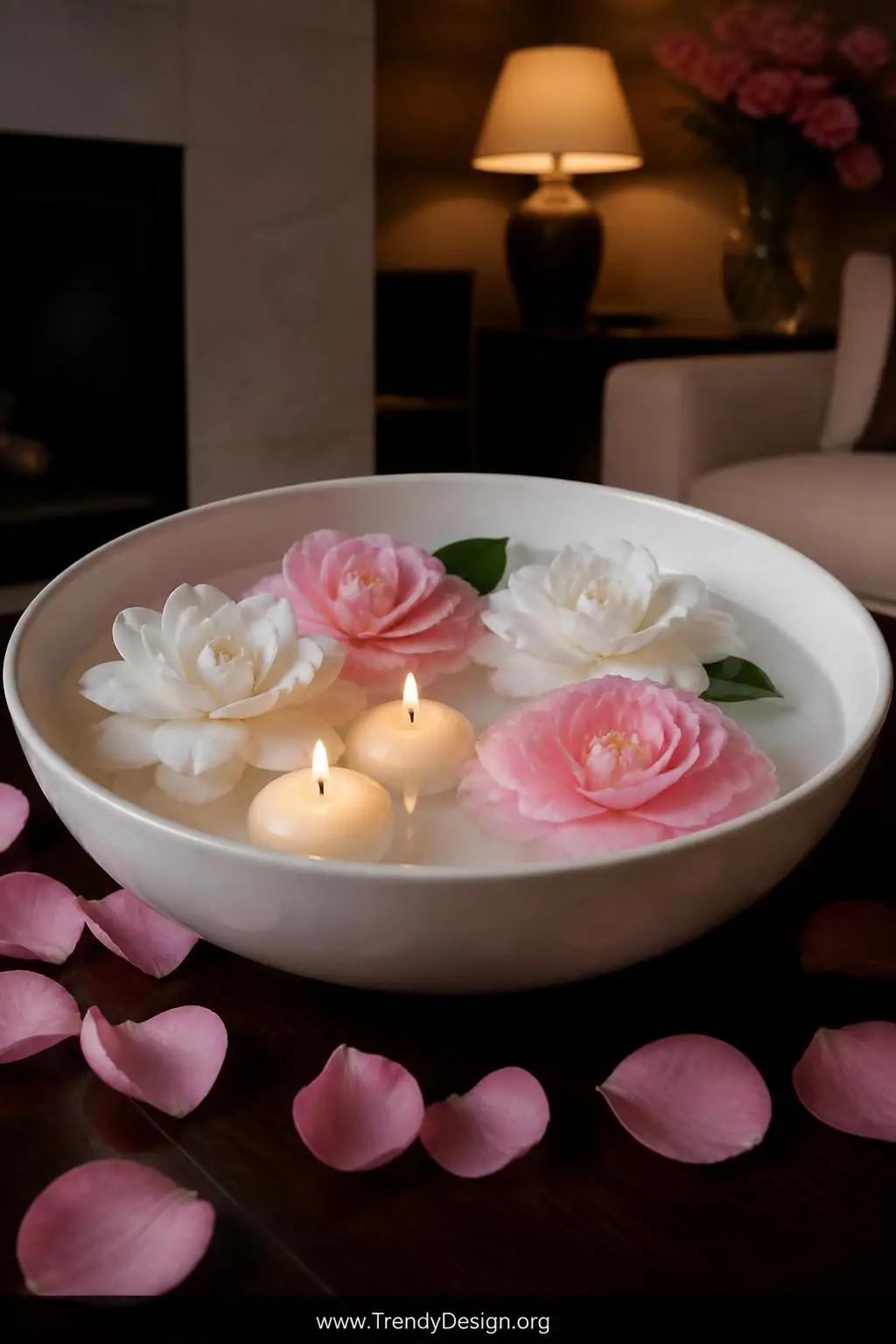 A close-up photorealistic interior shot of a wide shallow white ceramic bowl resting on a dark walnut coffee table surface, f