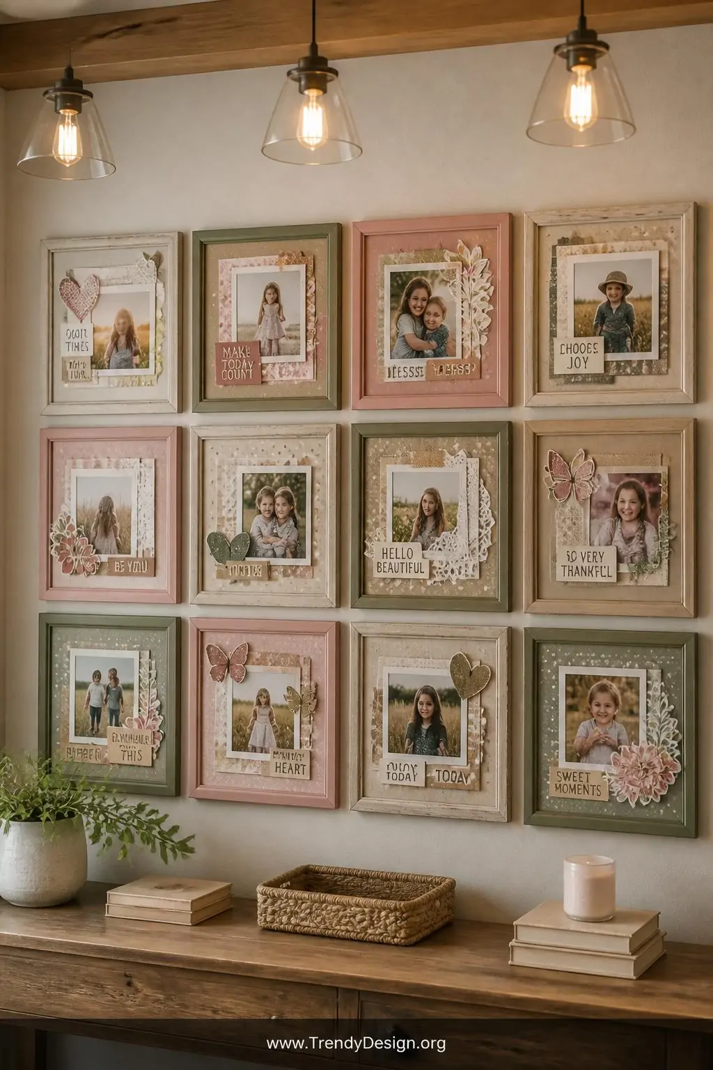 A wide shot of a dedicated display wall featuring layered scrapbook-style photo cards mounted in mismatched frames, each card