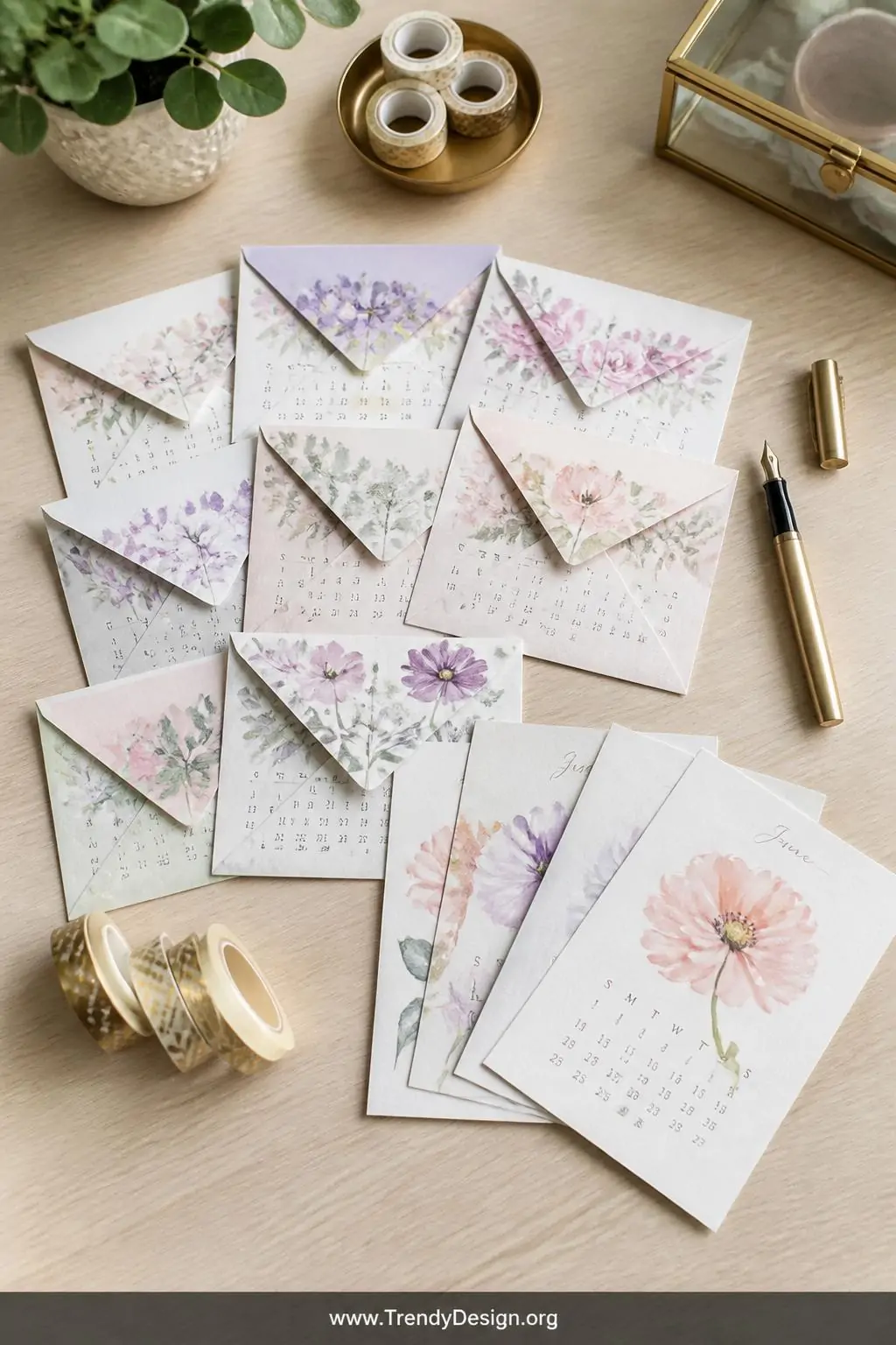 A flat lay on a pale oak writing desk arranges a curated handmade stationery set featuring eight neatly folded envelopes and 