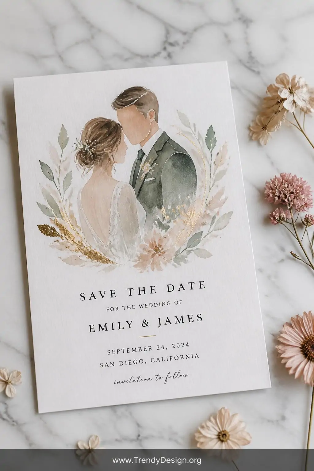 Closeup shot of a beautifully printed save the date card on smooth bright white cardstock featuring a detailed watercolor ill