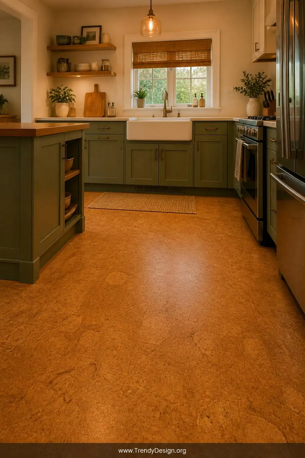 Medium photorealistic shot of a warm kitchen floor installed with natural cork tiles in a rich caramel and honey tone, the cu