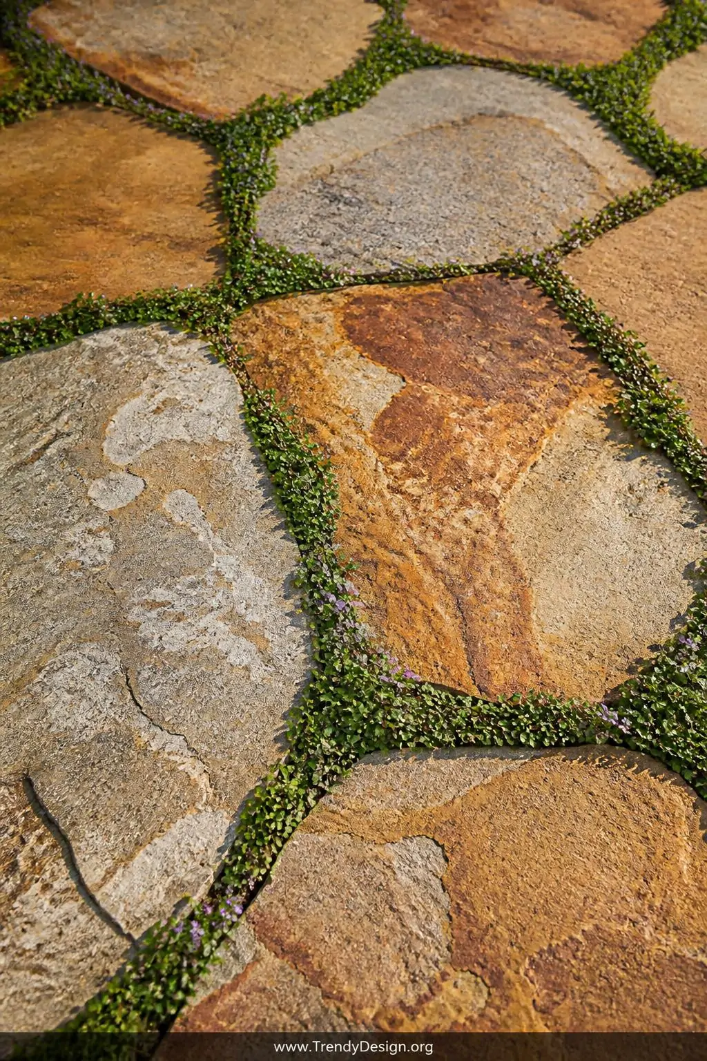 Close-up photorealistic detail shot of large-format natural sandstone flagstone path pieces in warm honey, terracotta, and pa