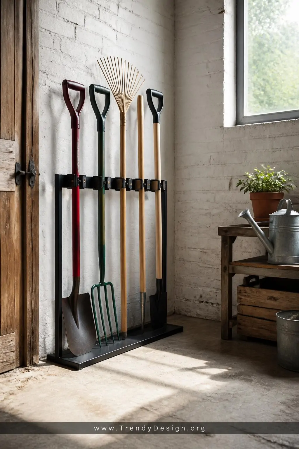 A wide-angle photorealistic shot of a shed corner featuring a freestanding black powder-coated metal tool rack with a wide we