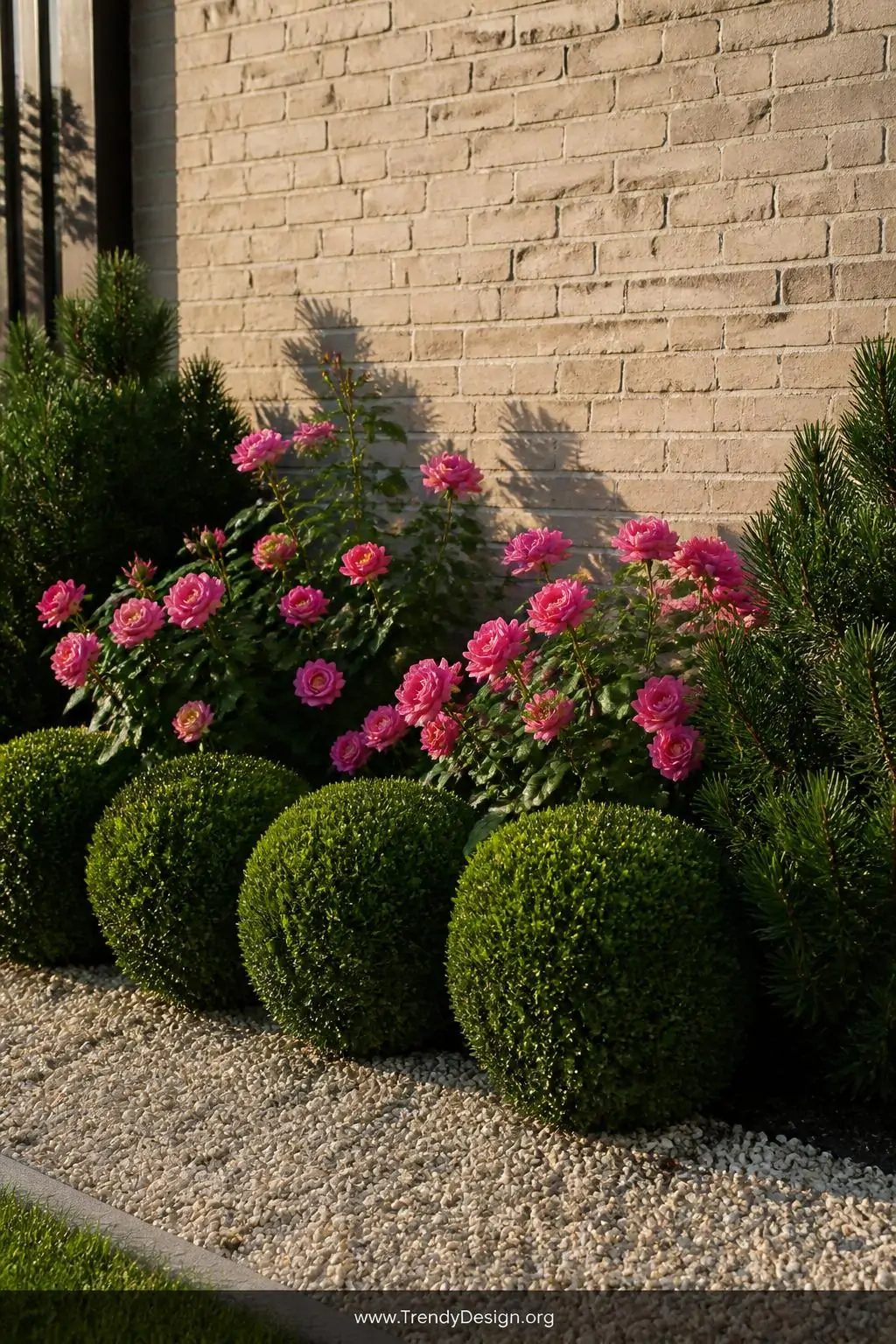 Medium photorealistic shot of a structured garden border anchored by a row of deep green rounded boxwood shrubs and cascading