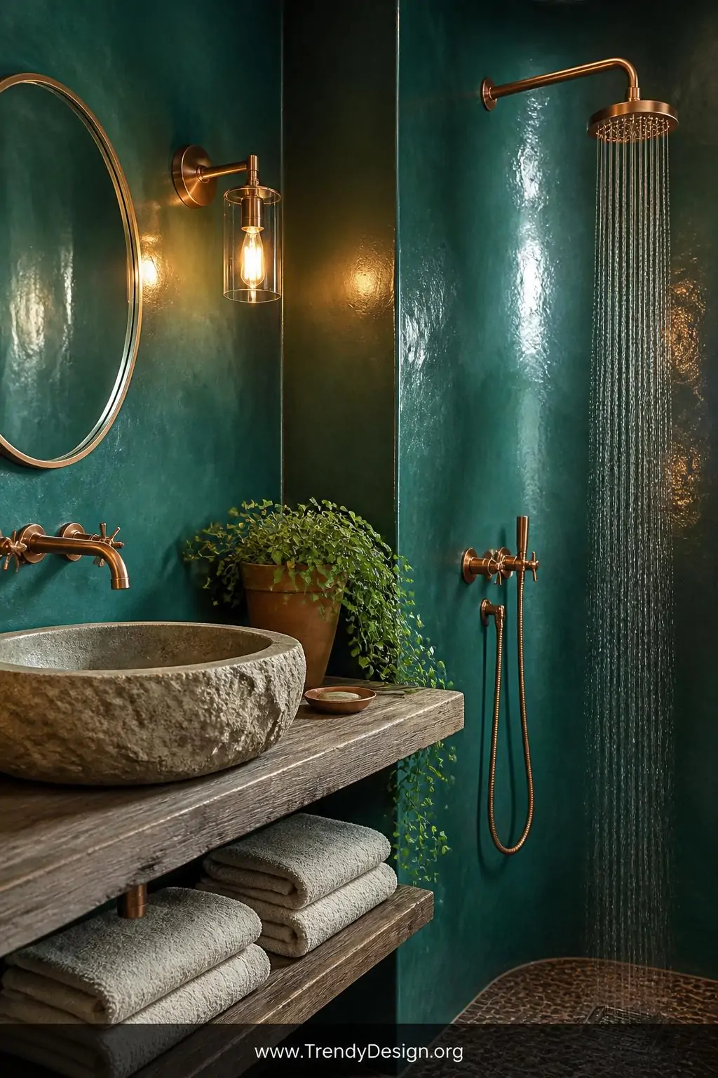 Medium shot of a boutique-hotel-worthy bathroom with petrol blue-green walls shifting between teal and deep ocean under warm 