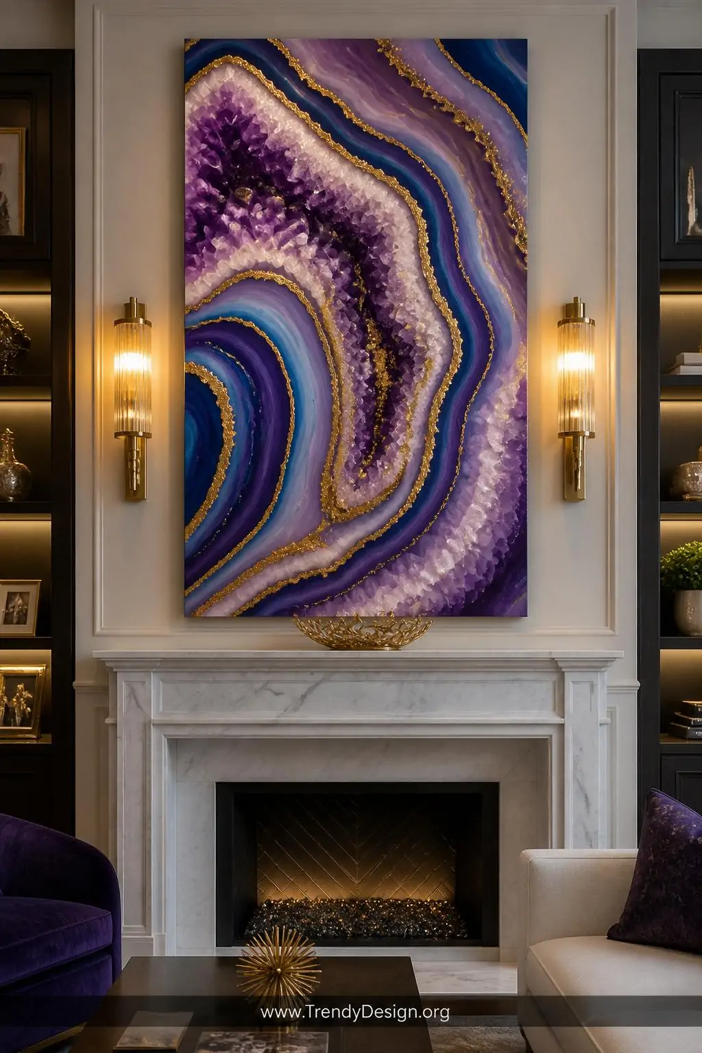 Medium shot of a luxurious living room fireplace wall showcasing a large geode-style acrylic pour painting as the centerpiece
