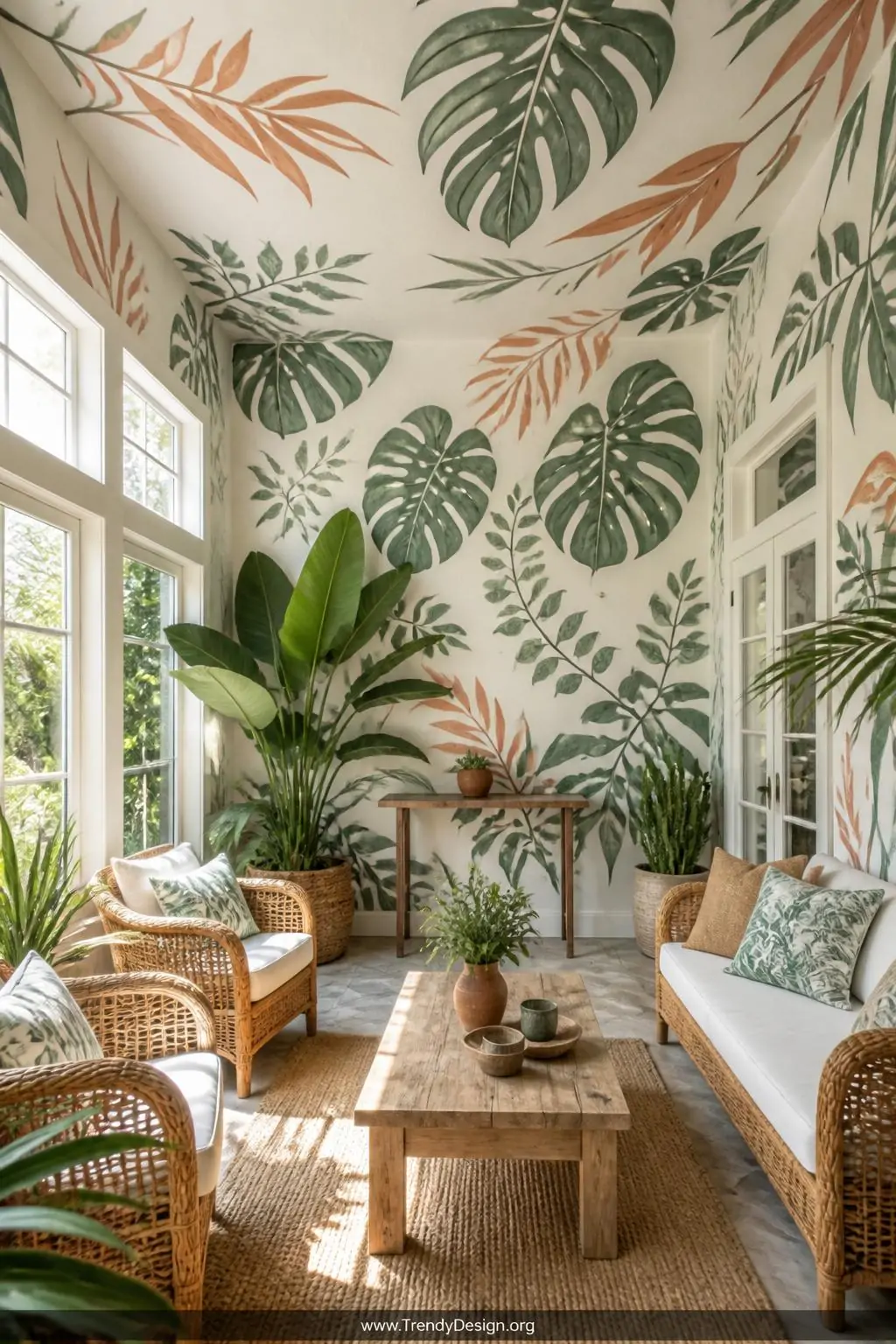 A wide-shot photorealistic sunroom interior with every wall covered in freehand-style botanical stenciling combining oversize