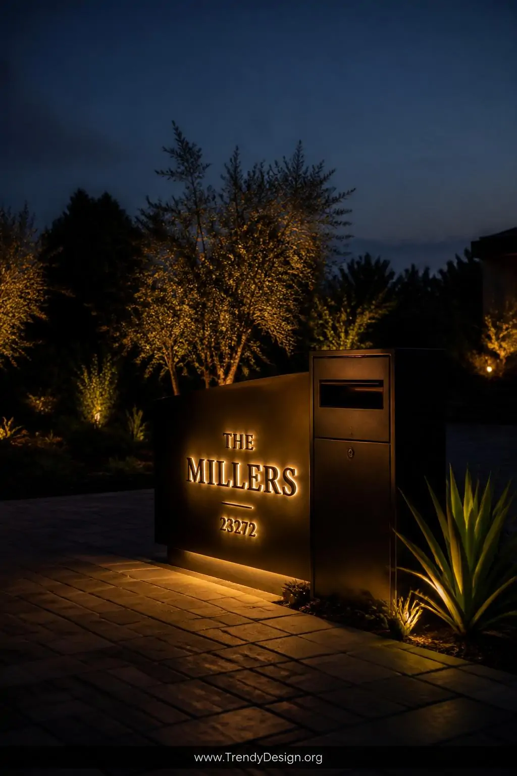 A custom warm amber LED backlit name display glowing softly beside a modern mailbox post in deep twilight, the illuminated le