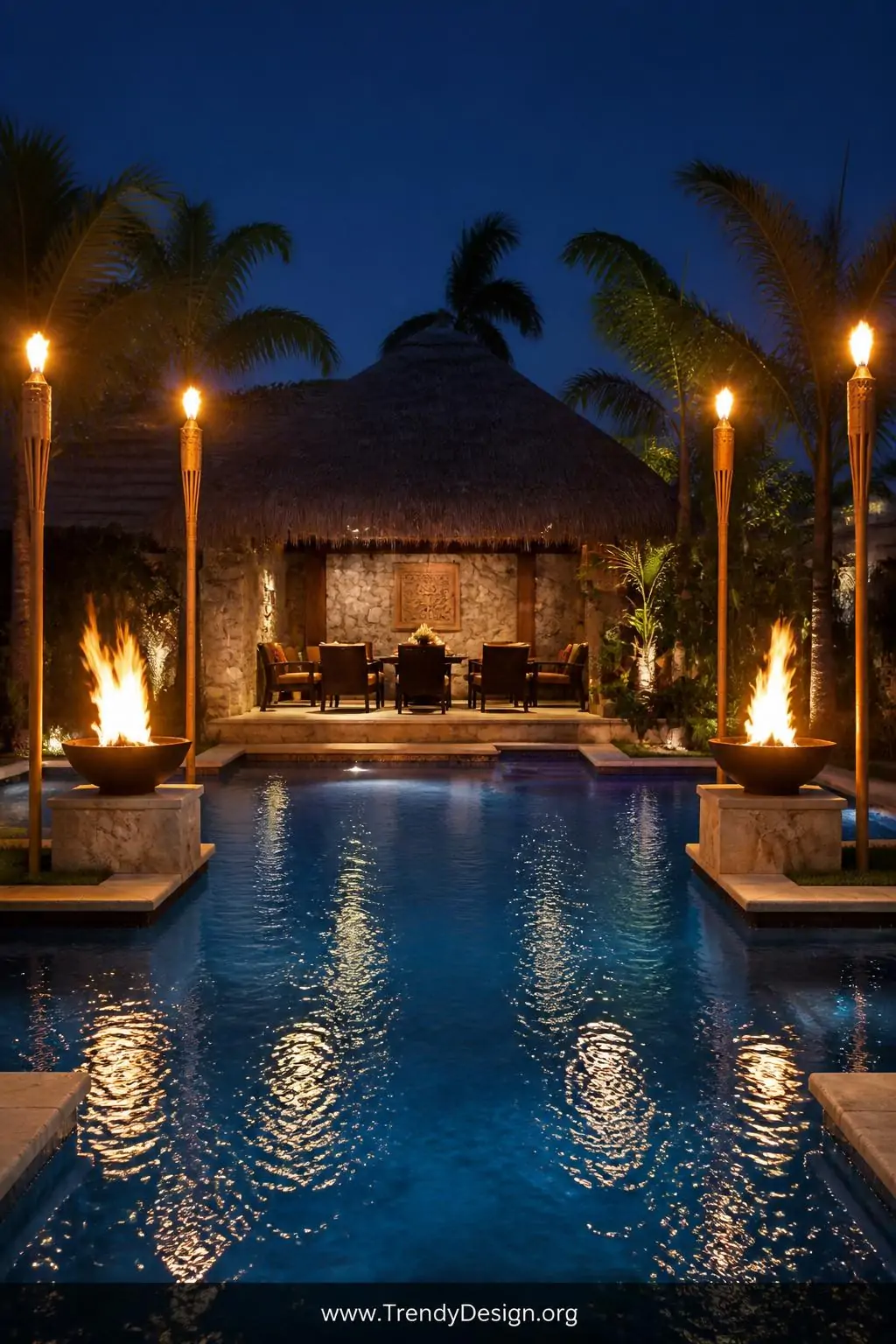 Wide photorealistic shot of a resort-inspired backyard pool at night flanked by four tall bamboo tiki torches and two mounted