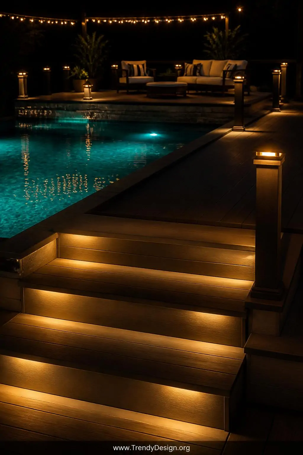 Closeup photorealistic nighttime shot of a pool deck illuminated entirely by layered strategic lighting, warm 2700K recessed 