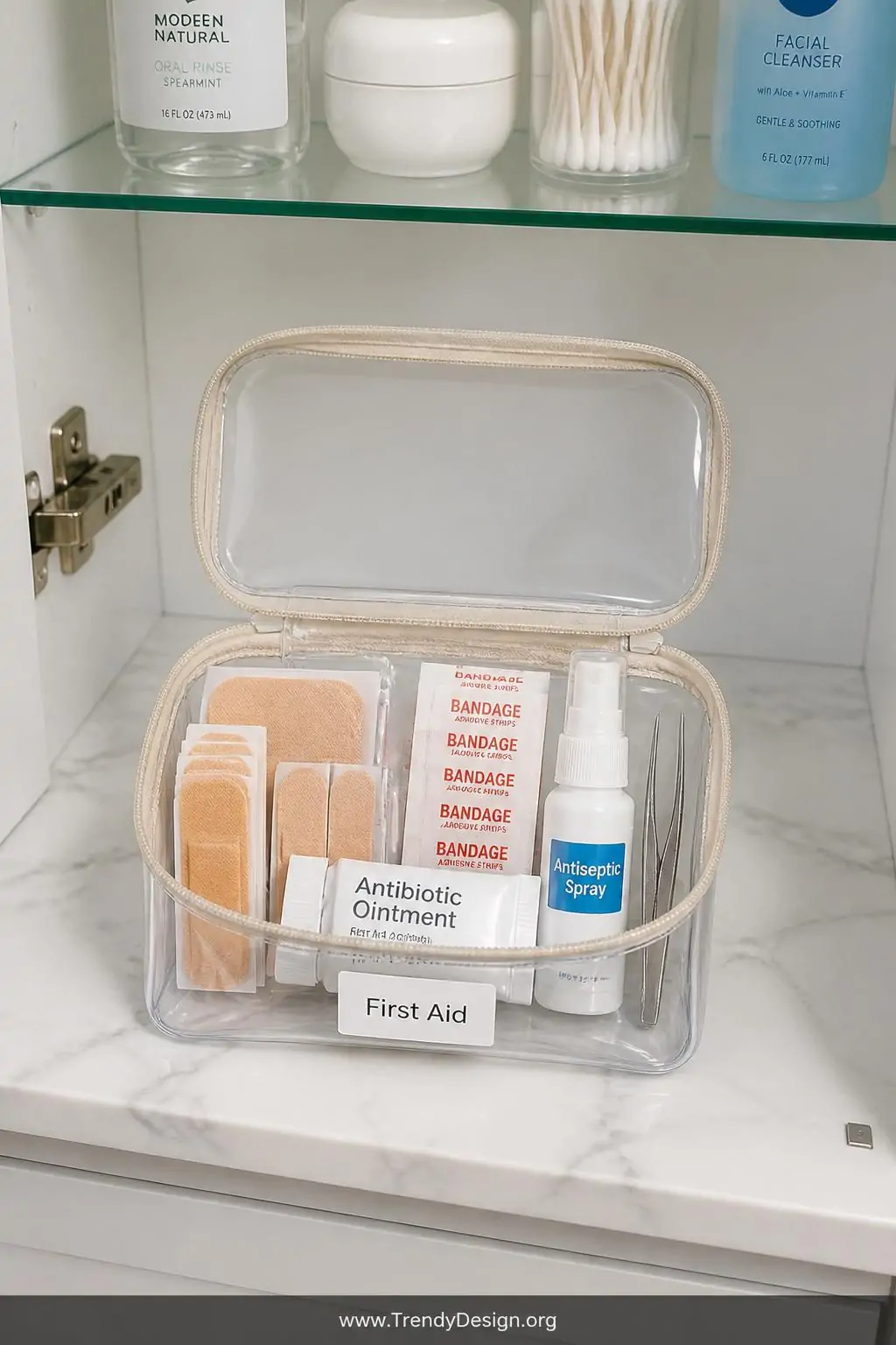 A closeup of a compact clear zippered pouch lying open on a white marble shelf inside a medicine cabinet, revealing neatly ar