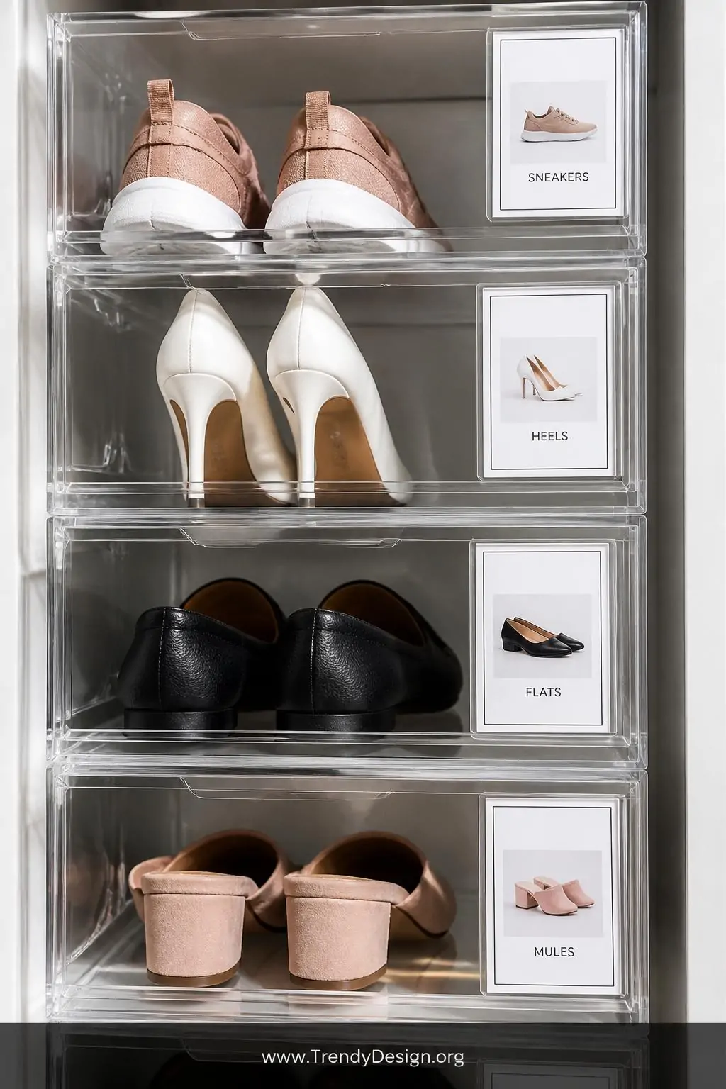 A tall column of eight clear drop-front stackable shoe boxes lines the interior wall of a white closet, each box displaying a