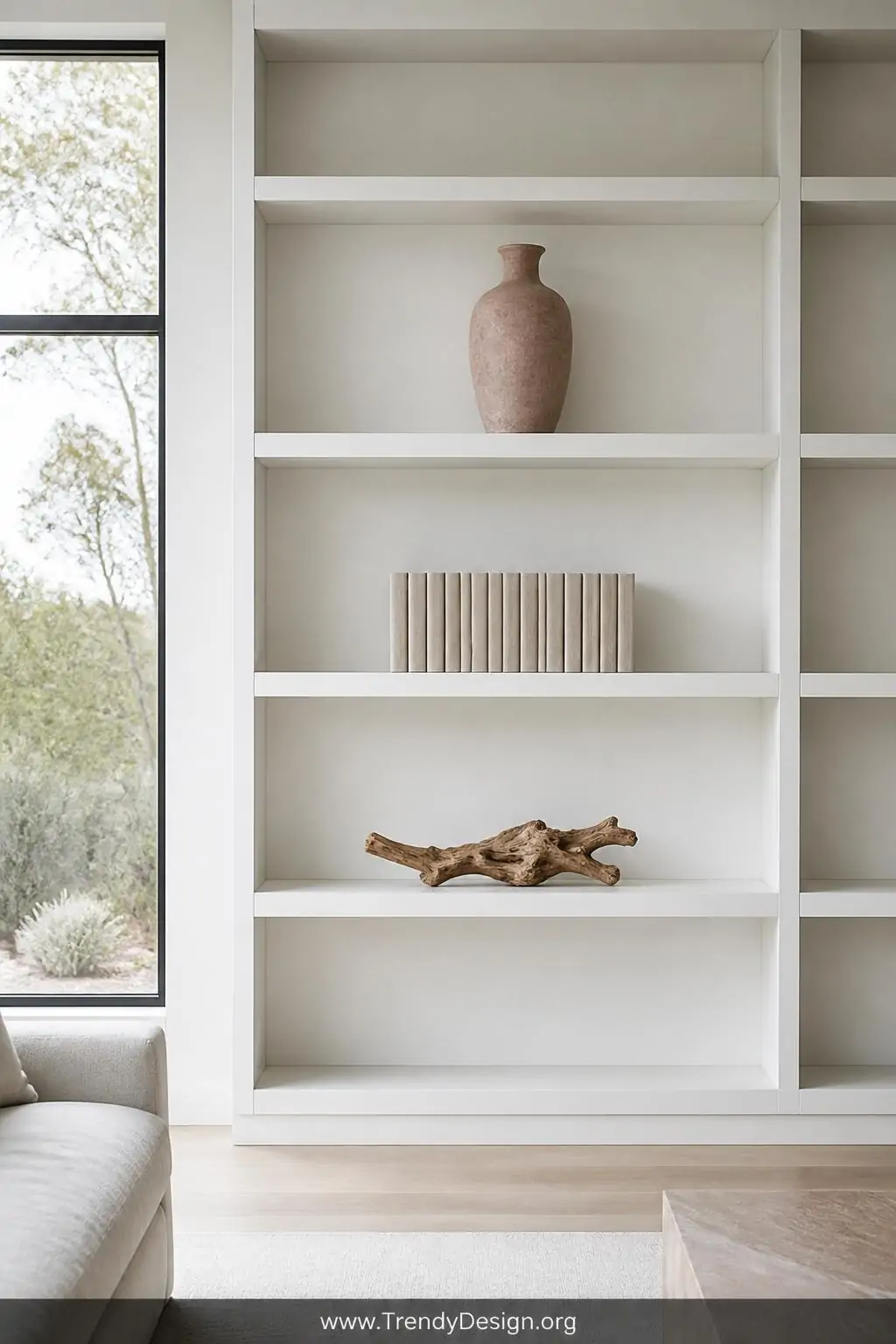 Wide shot of a minimalist floor-to-ceiling white bookshelf with generous empty shelf sections left completely bare, only the 