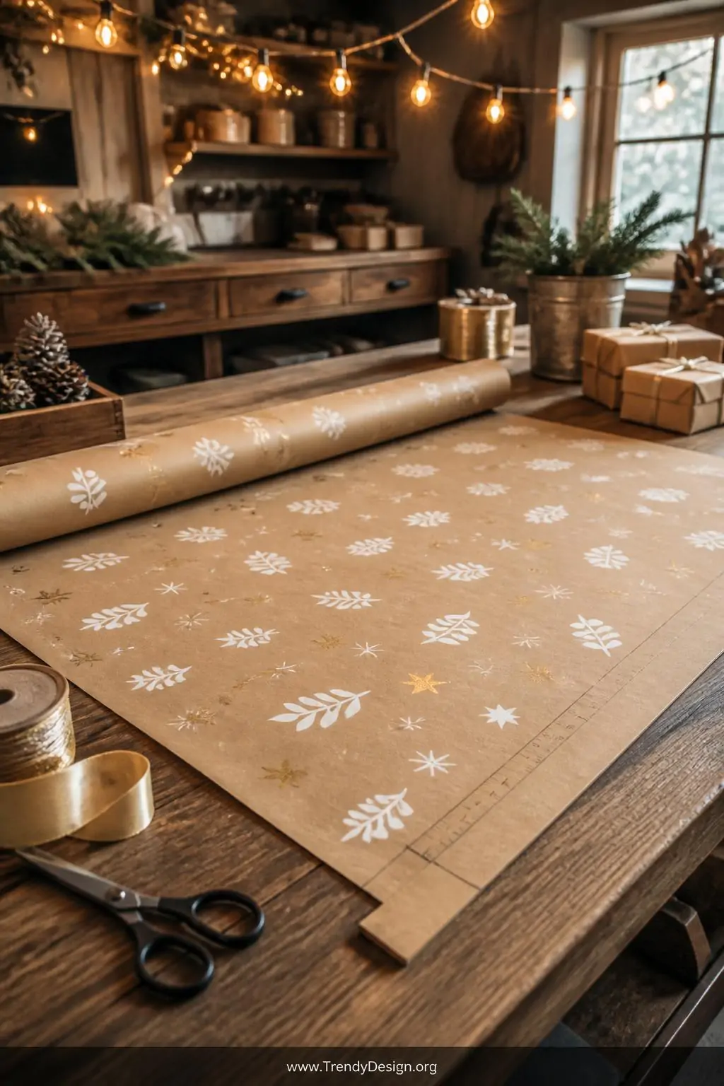 Medium shot of a rustic holiday gift wrapping station on a wide wooden farmhouse table, large sheets of kraft paper printed w