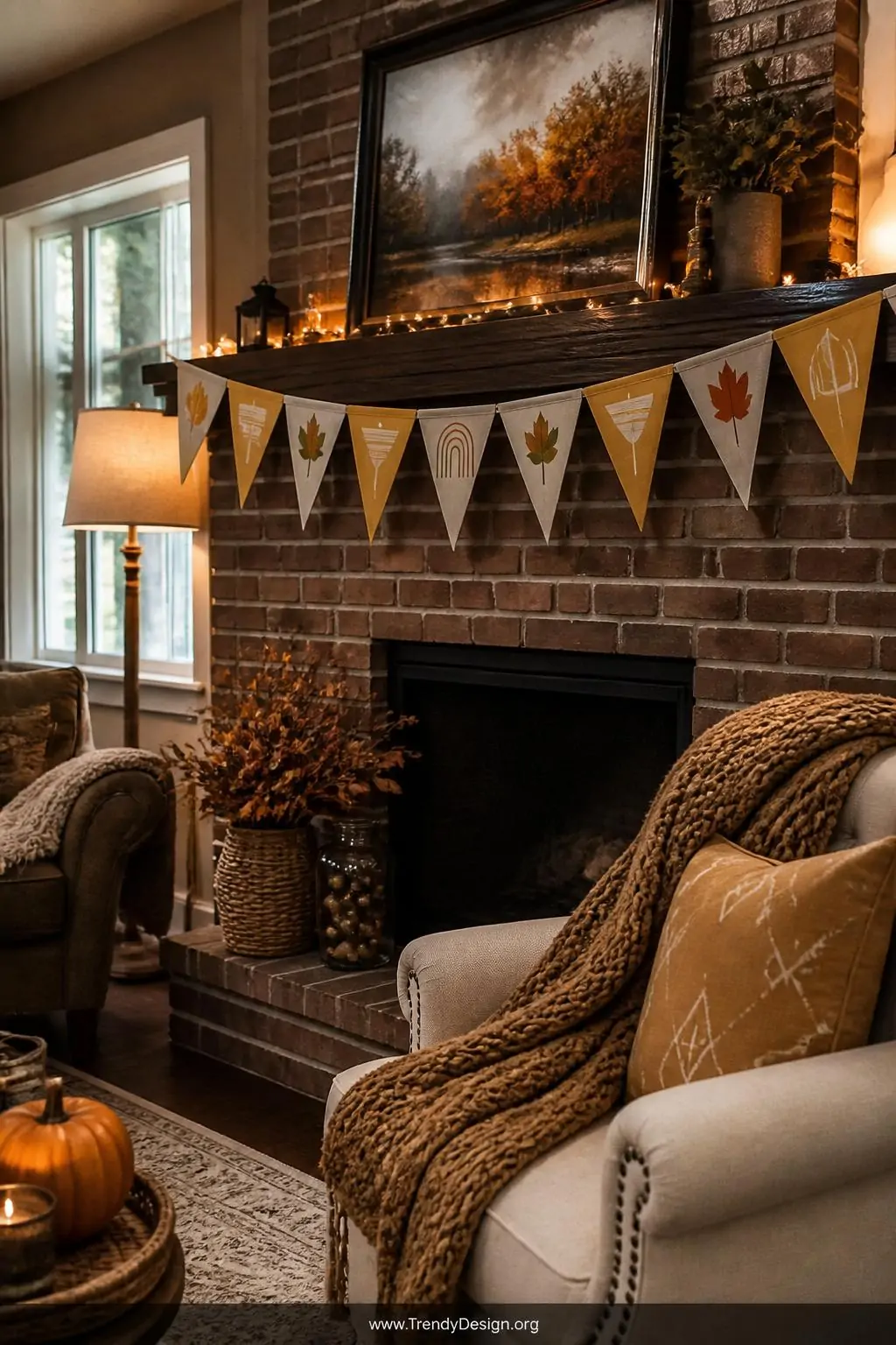 A wide cozy living room shot of a brick fireplace mantle strung with a handmade fabric bunting banner, triangular linen flags