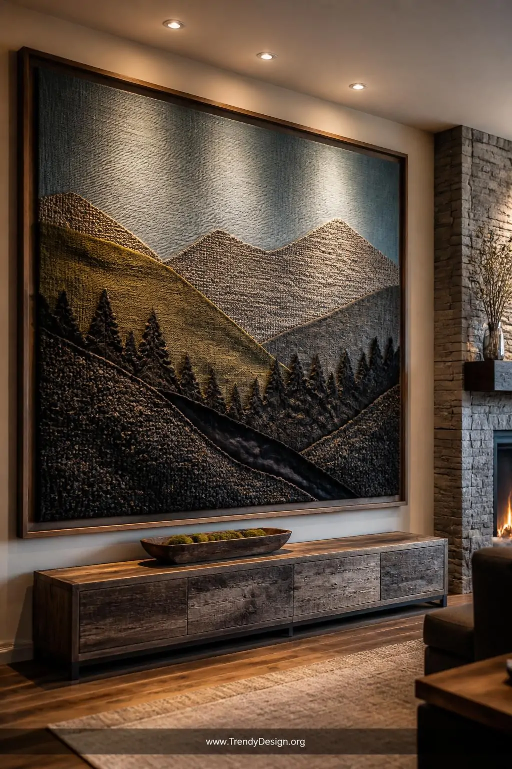 Wide shot of a dramatic living room feature wall showcasing a large framed textile landscape art panel in a deep natural wood
