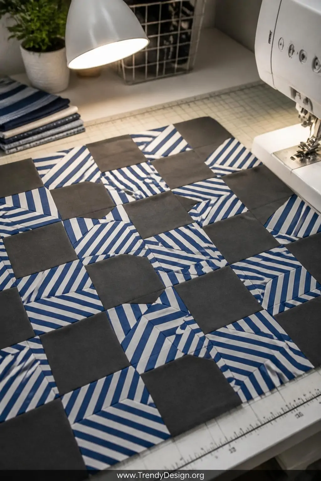 A closeup of a disappearing four-patch quilt block arrangement on a quilting table beside a sewing machine, the intricate tum