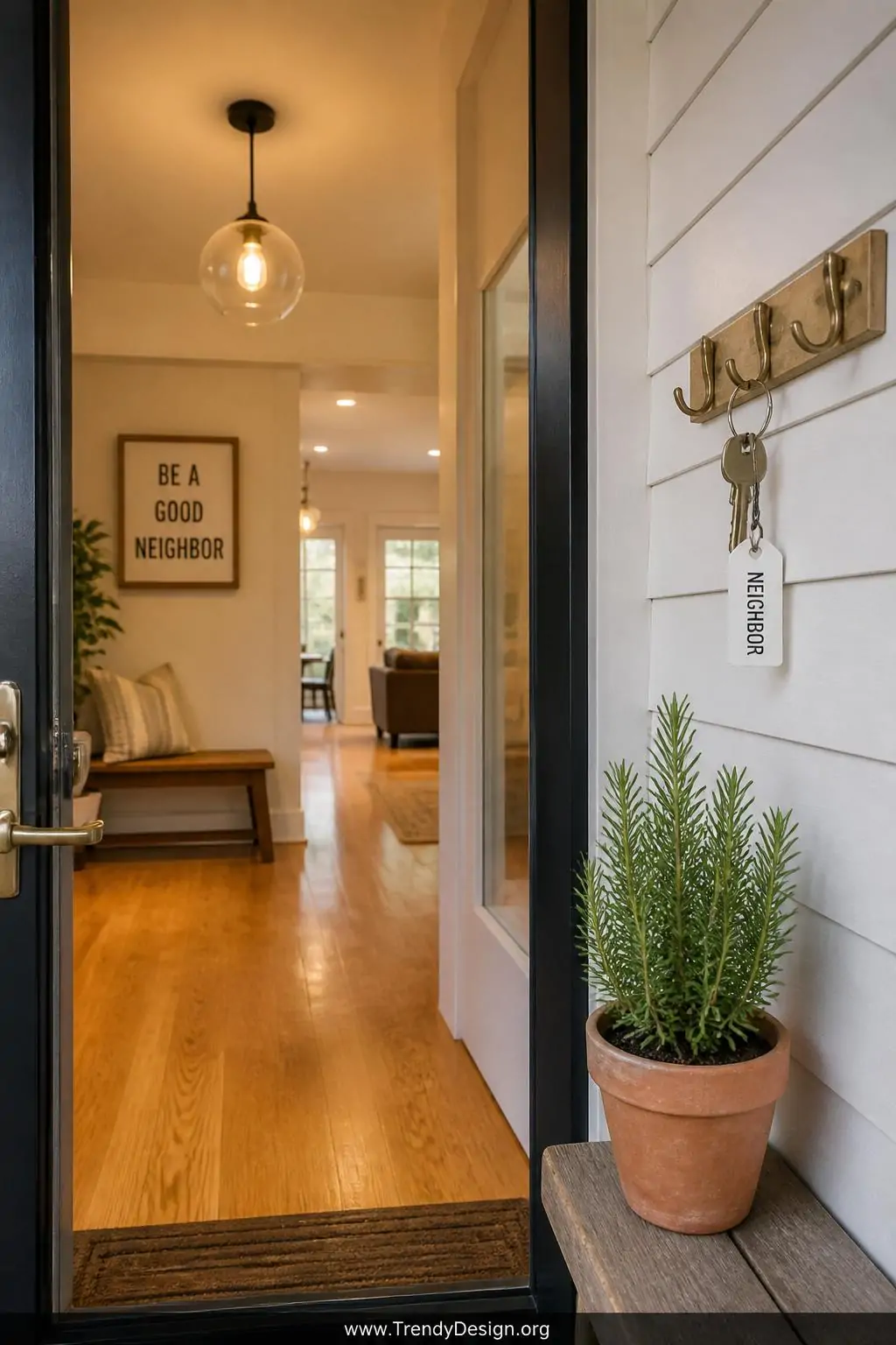A warm wide interior shot of a neighbor's welcoming front entryway seen through a glass storm door, a small brushed brass hoo