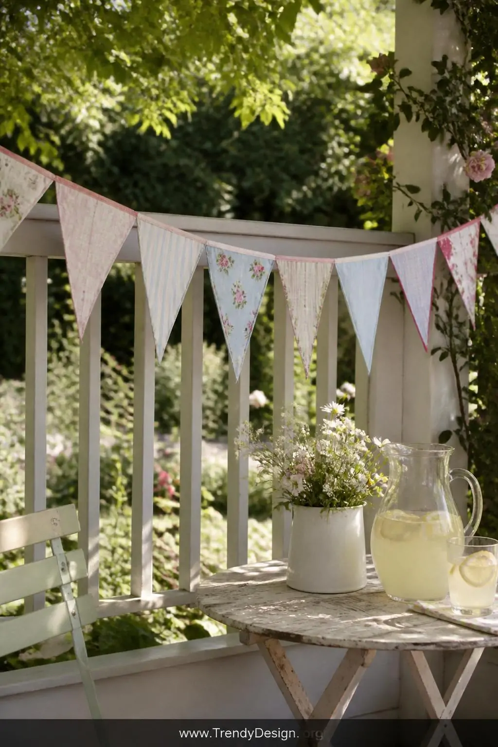 Medium shot of a charming porch railing strung with handkerchief bunting made from folded triangular vintage handkerchiefs in
