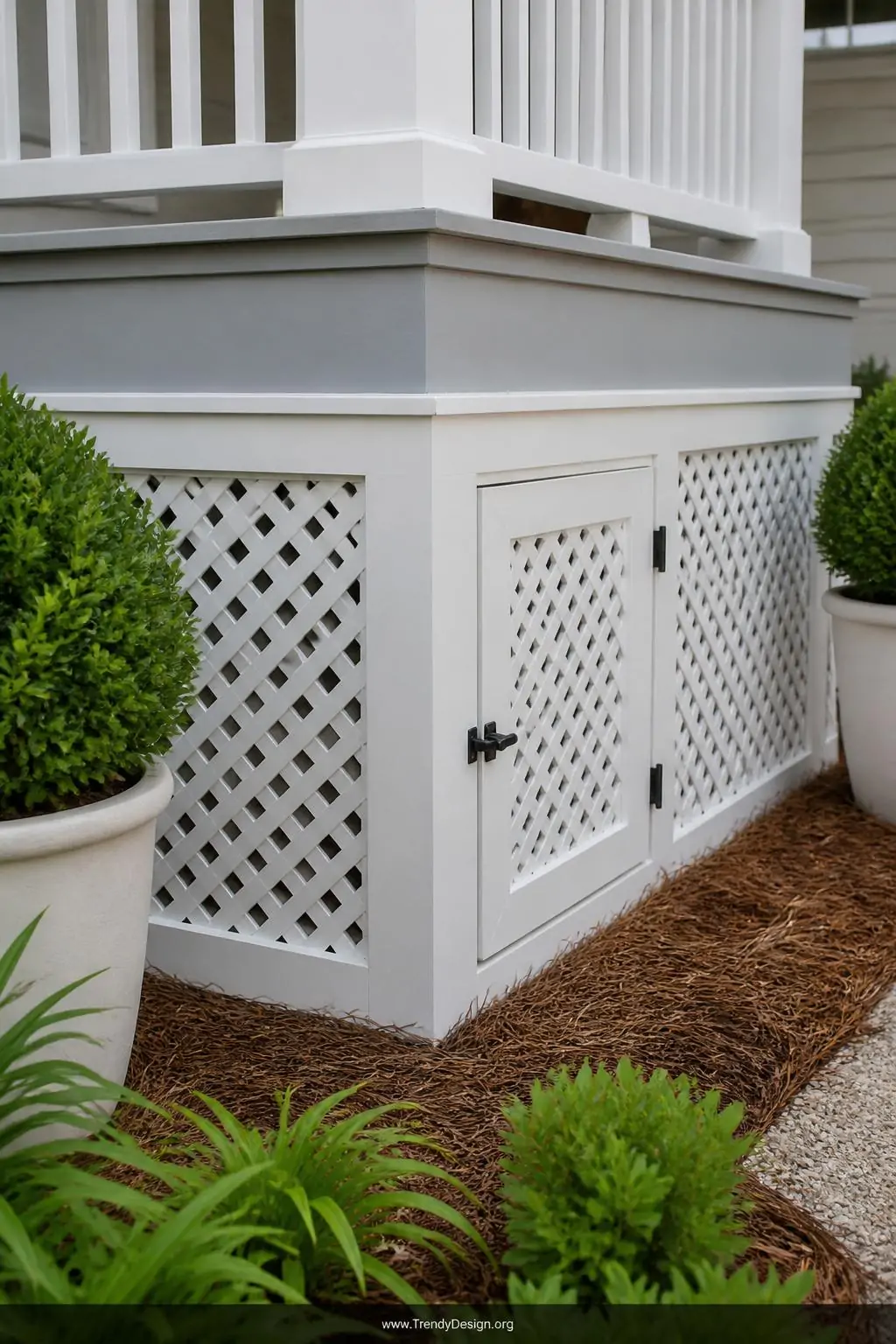 Medium photorealistic shot of neatly installed white painted wood lattice skirting panels around the perimeter of a raised po