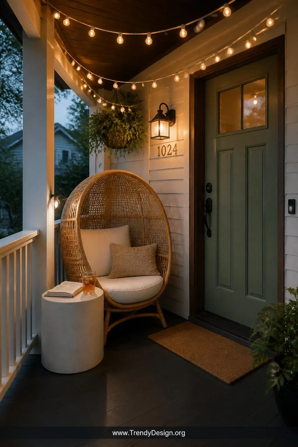 Wide shot, photorealistic interior design photography: A woven rattan egg chair in warm honey tones sits tucked into a small 