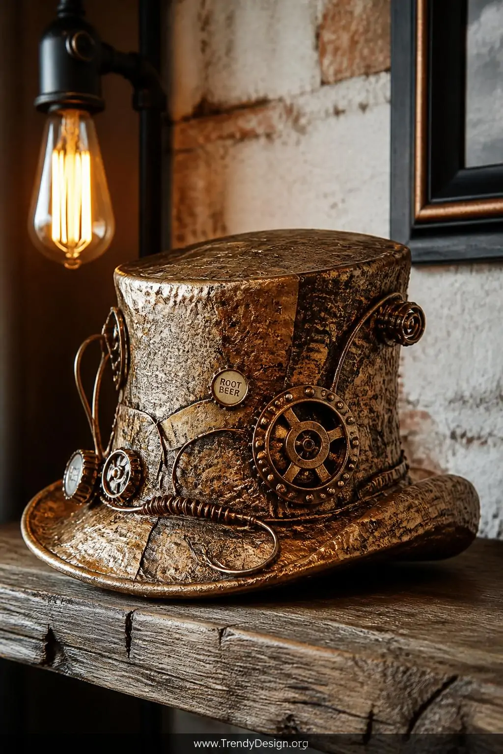 A papier-mâché steampunk hat built from layered newspaper strips over a cardboard form sits on a rough reclaimed wood shelf, 