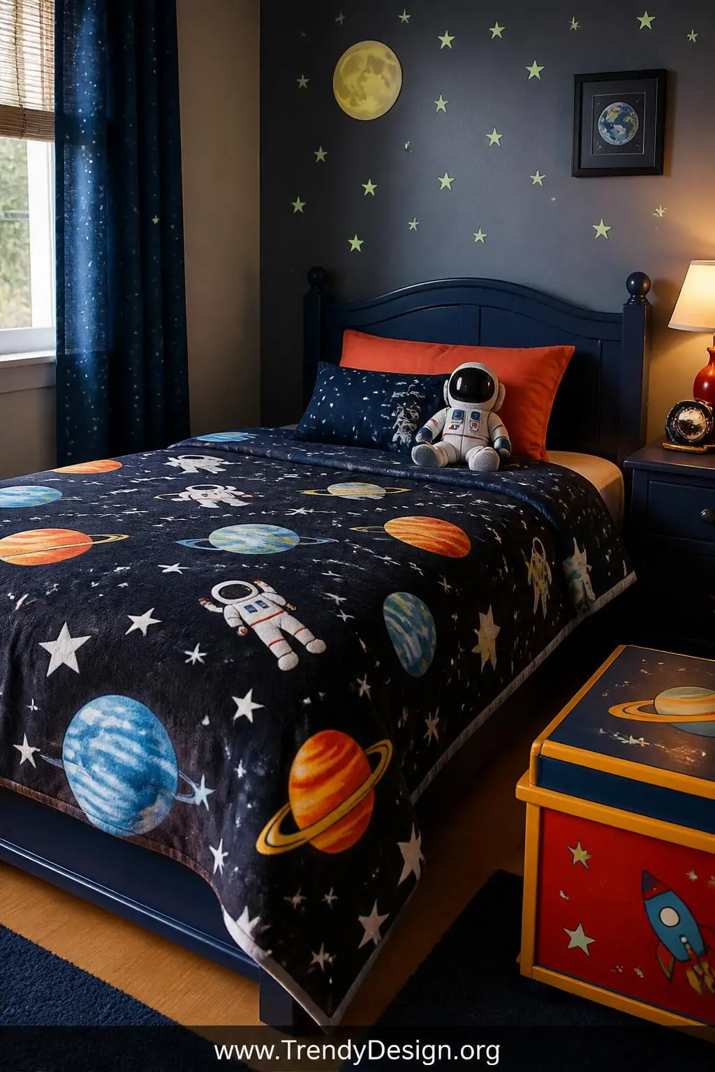 A medium-shot photorealistic children's bedroom interior with a vibrant space-themed fleece blanket spread across a low twin