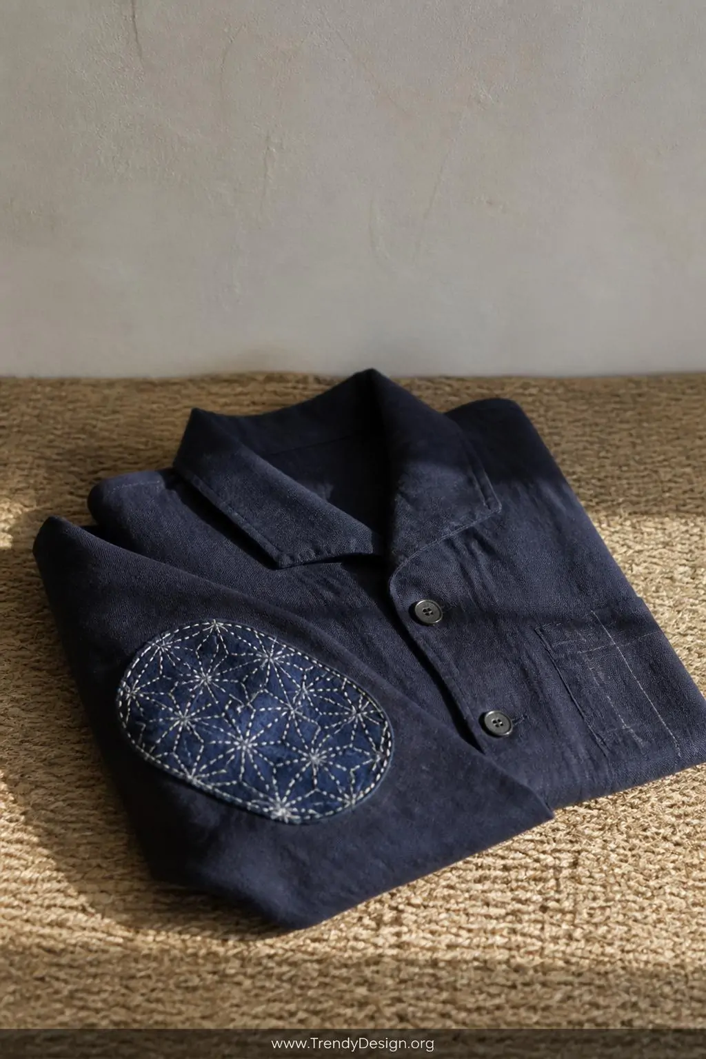 A medium shot of an indigo linen jacket folded neatly on a natural jute mat against a muted white plaster wall, a sashiko-sty