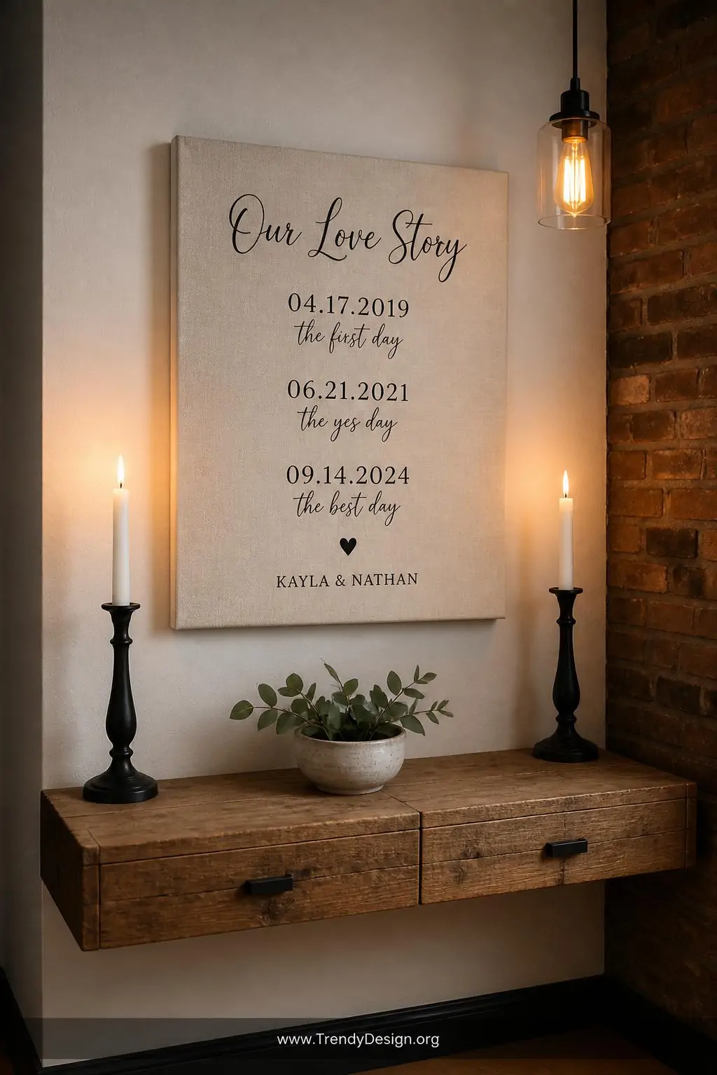 A medium interior shot of a personalized couples canvas with clean black script text on a warm cream linen-textured backgroun