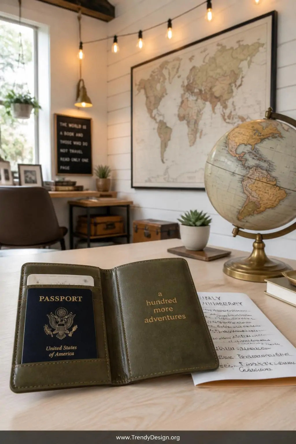 A medium-shot, photorealistic interior of a bright, travel-inspired home office with white shiplap walls, a vintage globe on 