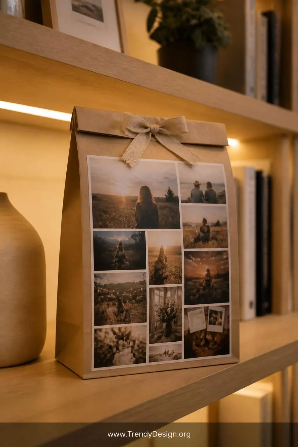 A medium-shot of a kraft paper bag standing upright on a light oak shelf with a printed photo collage neatly glued to the fro