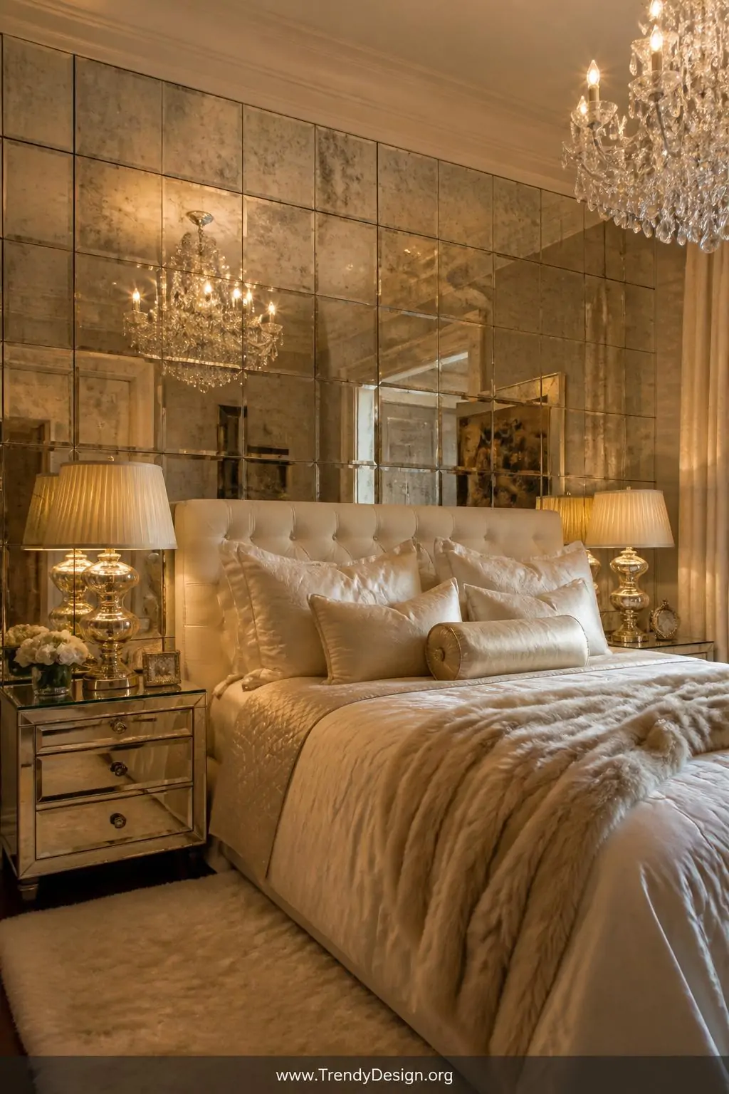 Medium photorealistic interior design shot of a glamorous bedroom with an entire accent wall covered in large antique mirror 