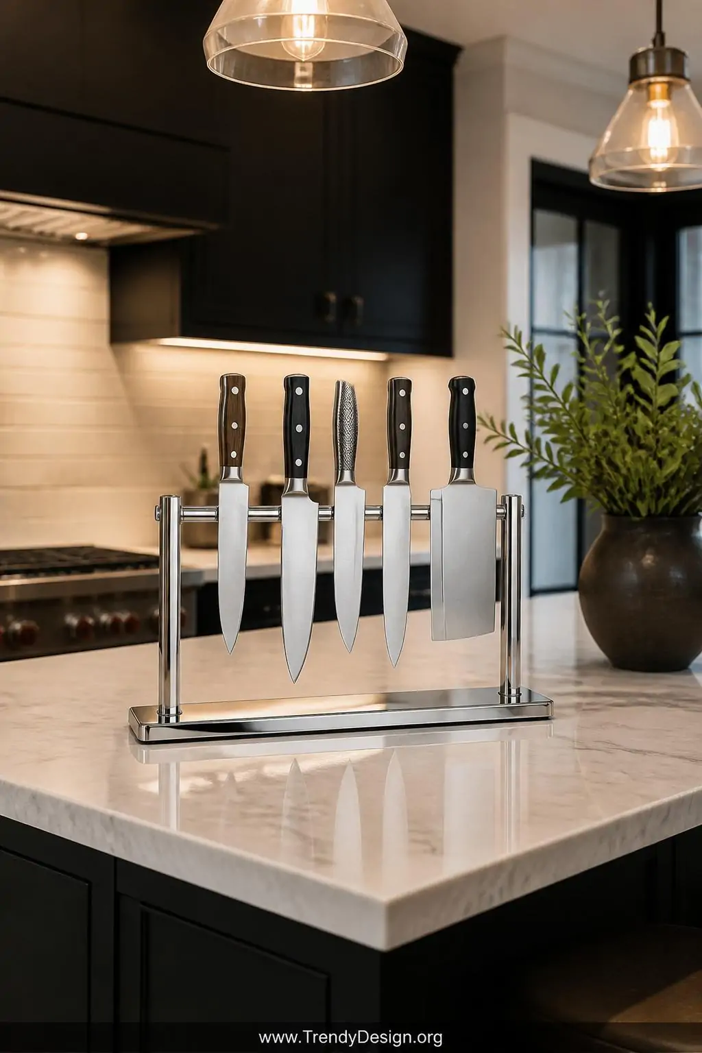 Freestanding magnetic knife strip bar with a weighted chrome base sitting on a marble kitchen island, chef's knives and a cleaver held upright against the sleek bar design, soft warm pendant lighting overhead casting gentle reflections on polished blades, medium shot showing the portable unit as a sculptural countertop object on an open kitchen island, photorealistic interior design.