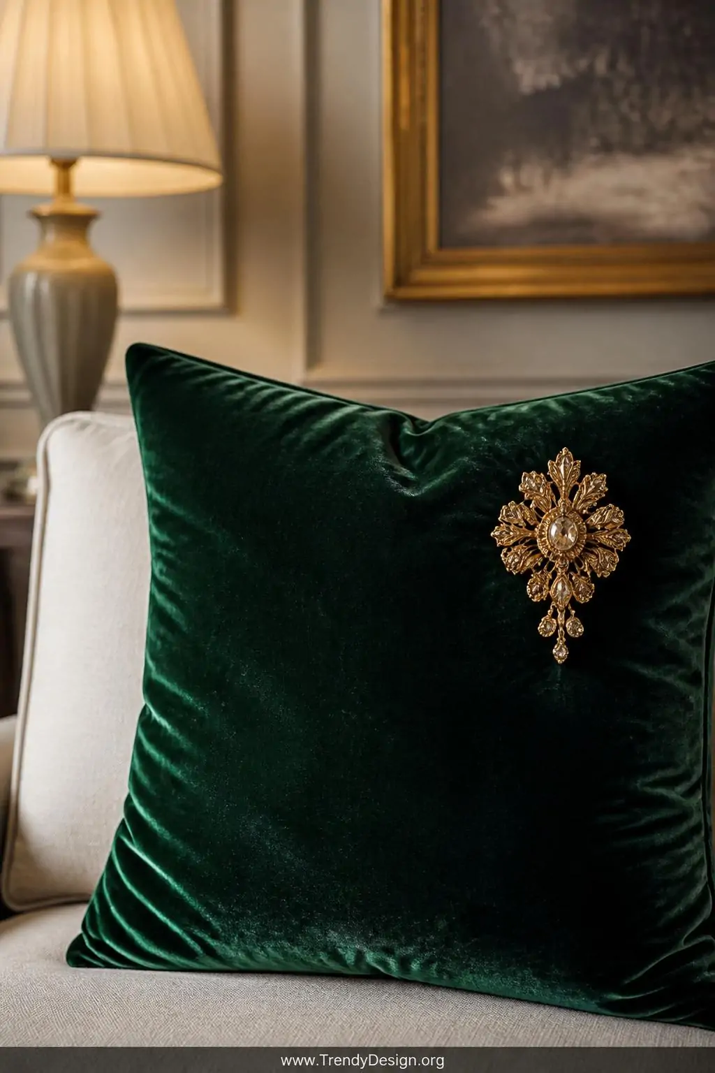 Large vintage gold brooch pinned asymmetrically onto a deep emerald velvet throw pillow on a neutral linen sofa, elevated living room styling, soft lamp light catching the brooch's ornate facets against the rich jewel-toned fabric, closeup.