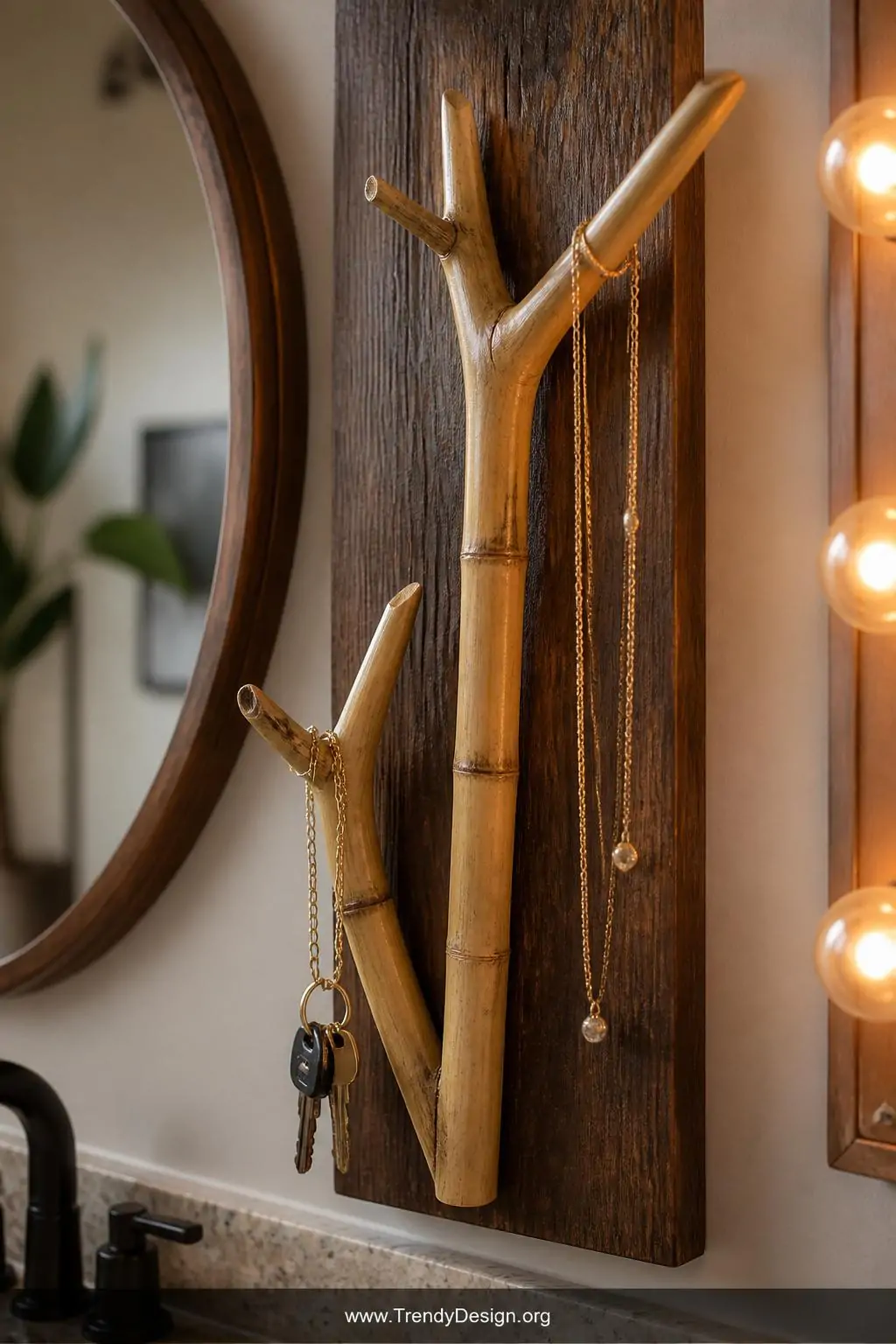 Bamboo branch jewelry holder mounted on reclaimed wood beside a bathroom mirror, closeup showing forked natural offshoots holding gold necklaces and a set of keys, two staggered branches at different heights, soft warm vanity bulb light glowing from the side, rich dark wood backing contrasting pale bamboo, organic asymmetric silhouette, photorealistic interior design