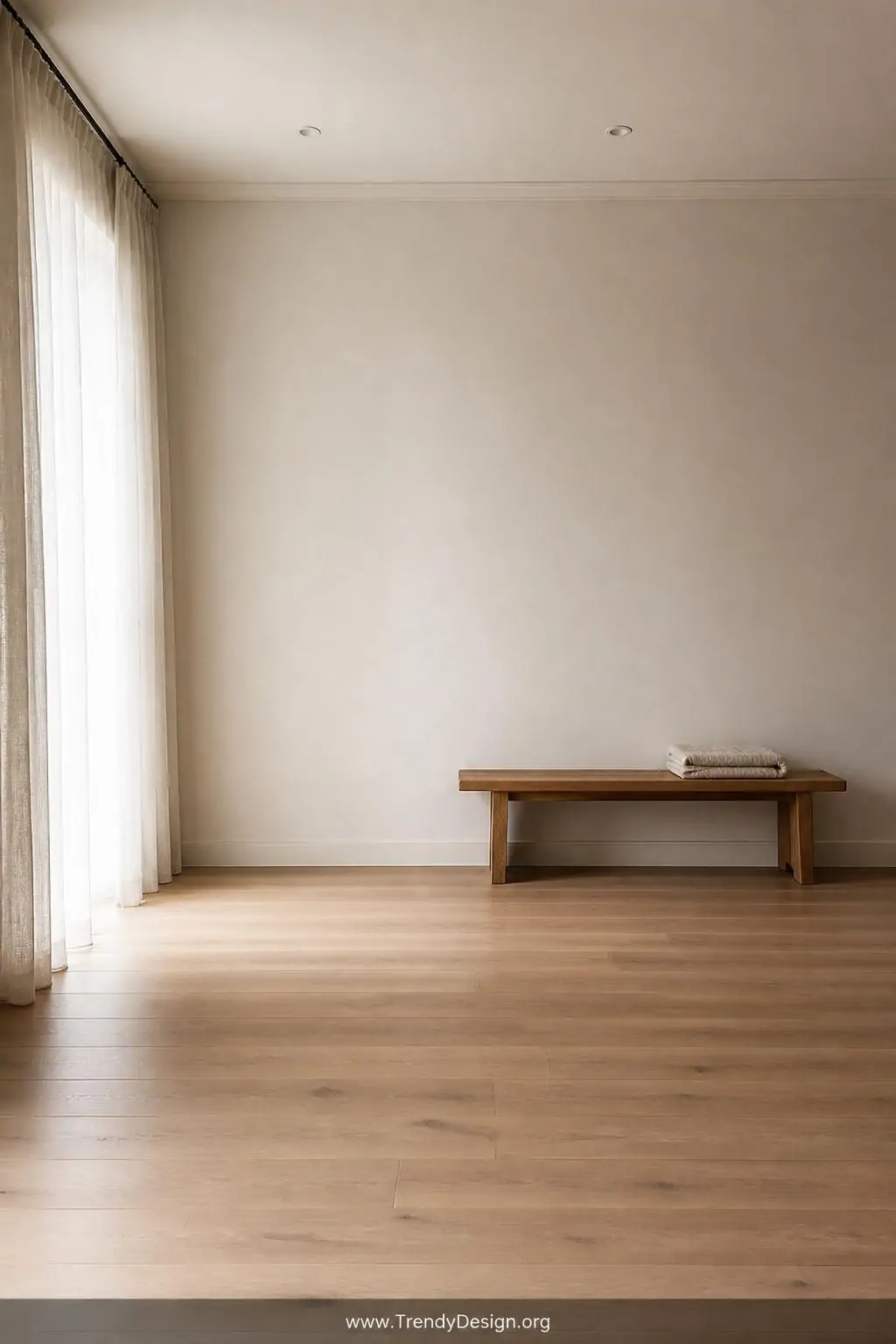 Deliberately bare warm white bedroom corner with a single low solid wood bench holding one folded blanket, vast empty wall above and uncluttered hardwood floor stretching into open space, wide shot celebrating intentional negative space as the defining design element of the entire room.