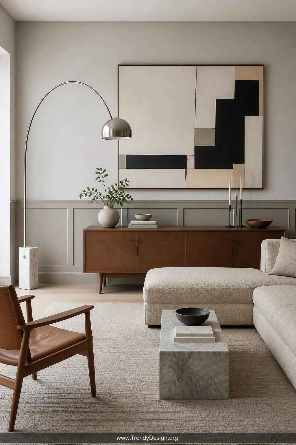 Wide shot of a minimalist mid-century modern living room featuring flat panel wainscoting in warm greige sitting flush with s