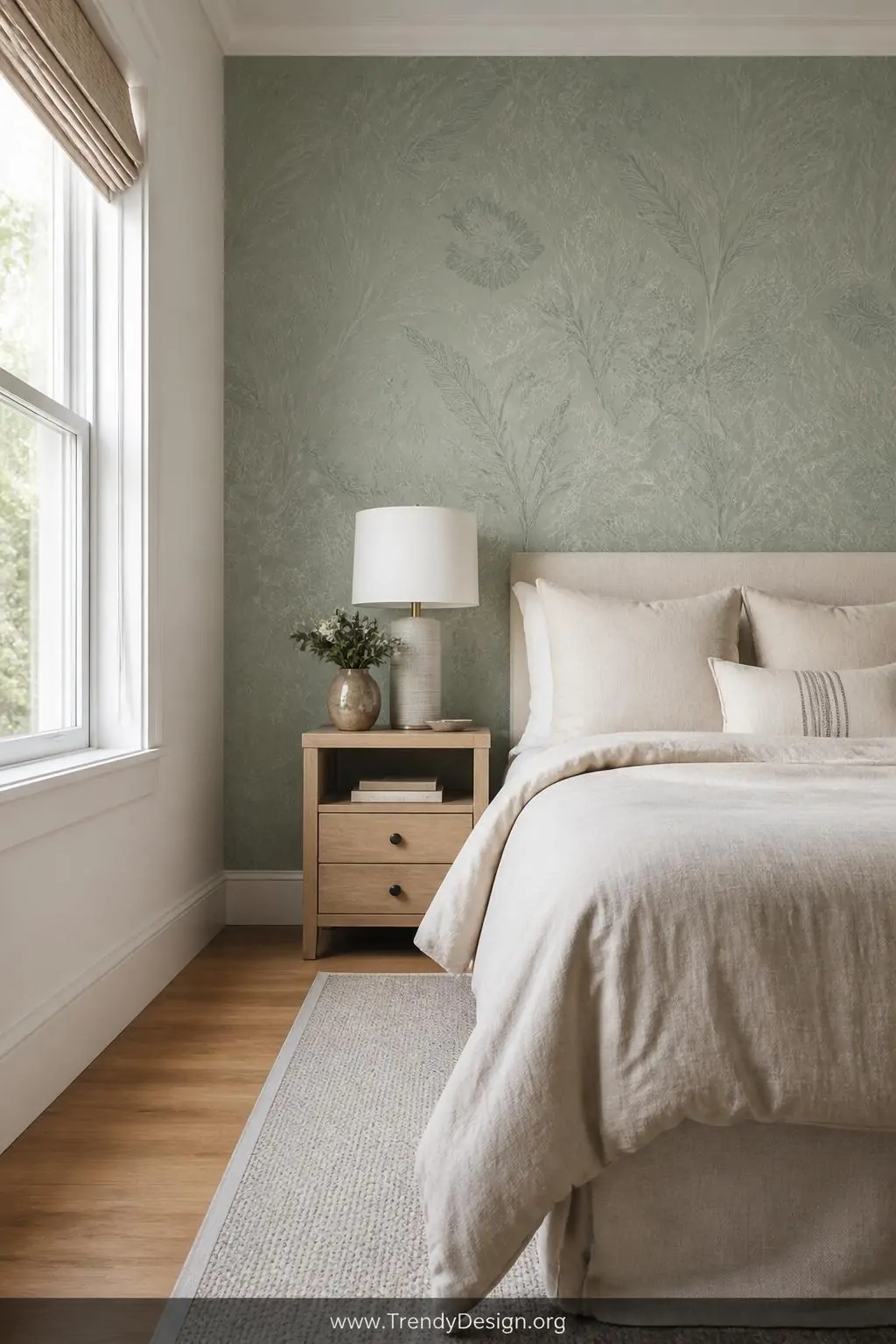 Sage green removable wallpaper accent wall behind a guest bed with warm greige linen bedding, the botanical textured pattern creating a serene focal point in a sunlit bedroom with white painted trim and oak flooring, wide shot, photorealistic interior design.