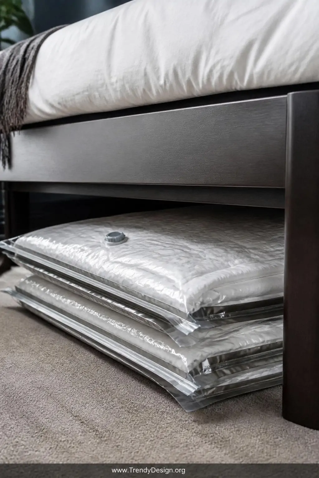 Compressed vacuum seal bags in silver and clear plastic stacked flat beneath a bed with dark espresso frame, dramatic closeup showing a giant fluffy white comforter collapsed impossibly thin inside a sealed transparent bag, sharp studio-style lighting highlighting the compressed texture, modern utilitarian bedroom.