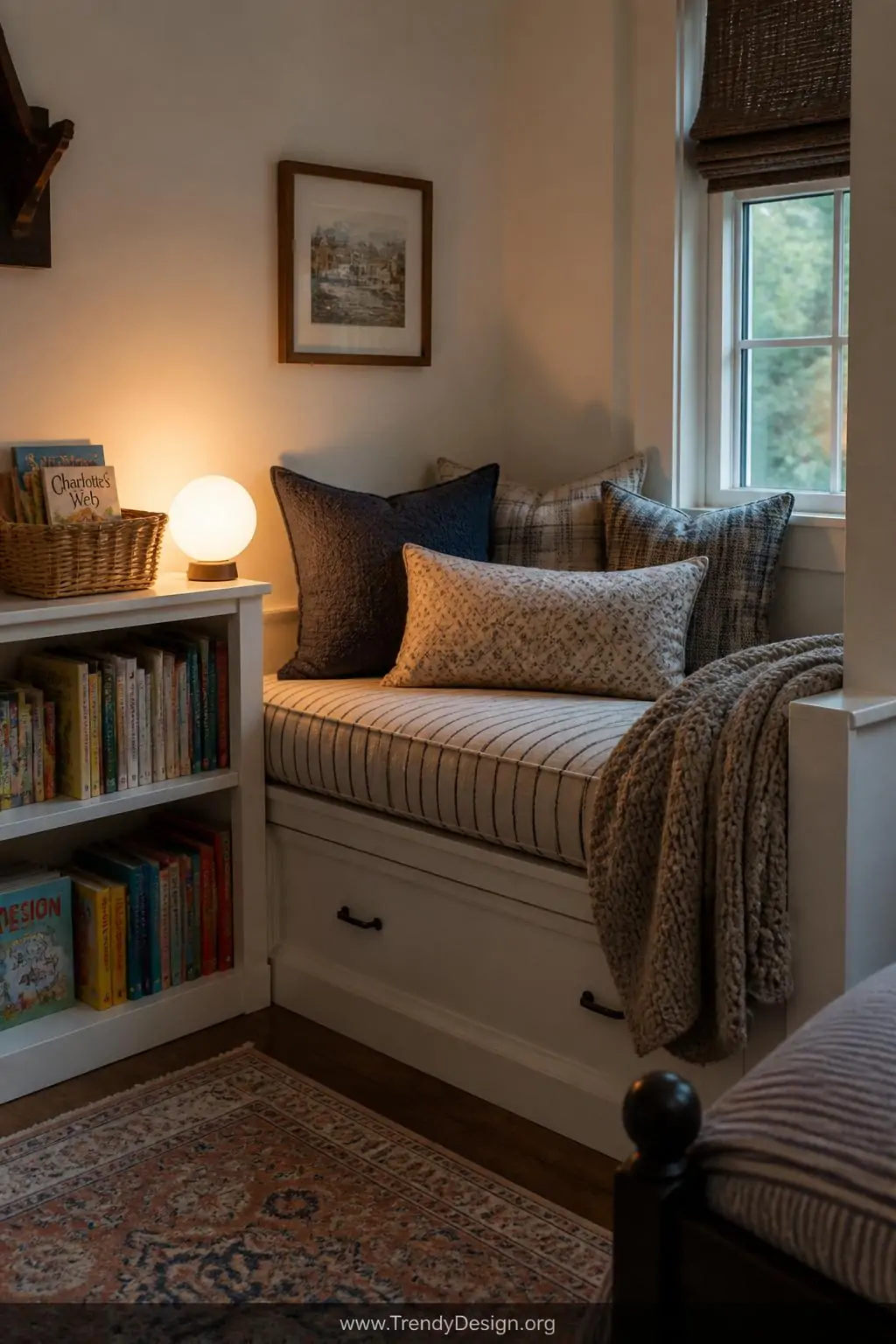 Built-in window seat reading nook with a thick striped cushion and stacked throw pillows tucked into the corner of a shared kids bedroom, cozy cottage style, medium shot showing a low white bookshelf beside it packed with picture books and chapter books, a small round soft-glow table lamp casting warm light across the cushions, a knit blanket draped over one armrest, photorealistic interior design.
