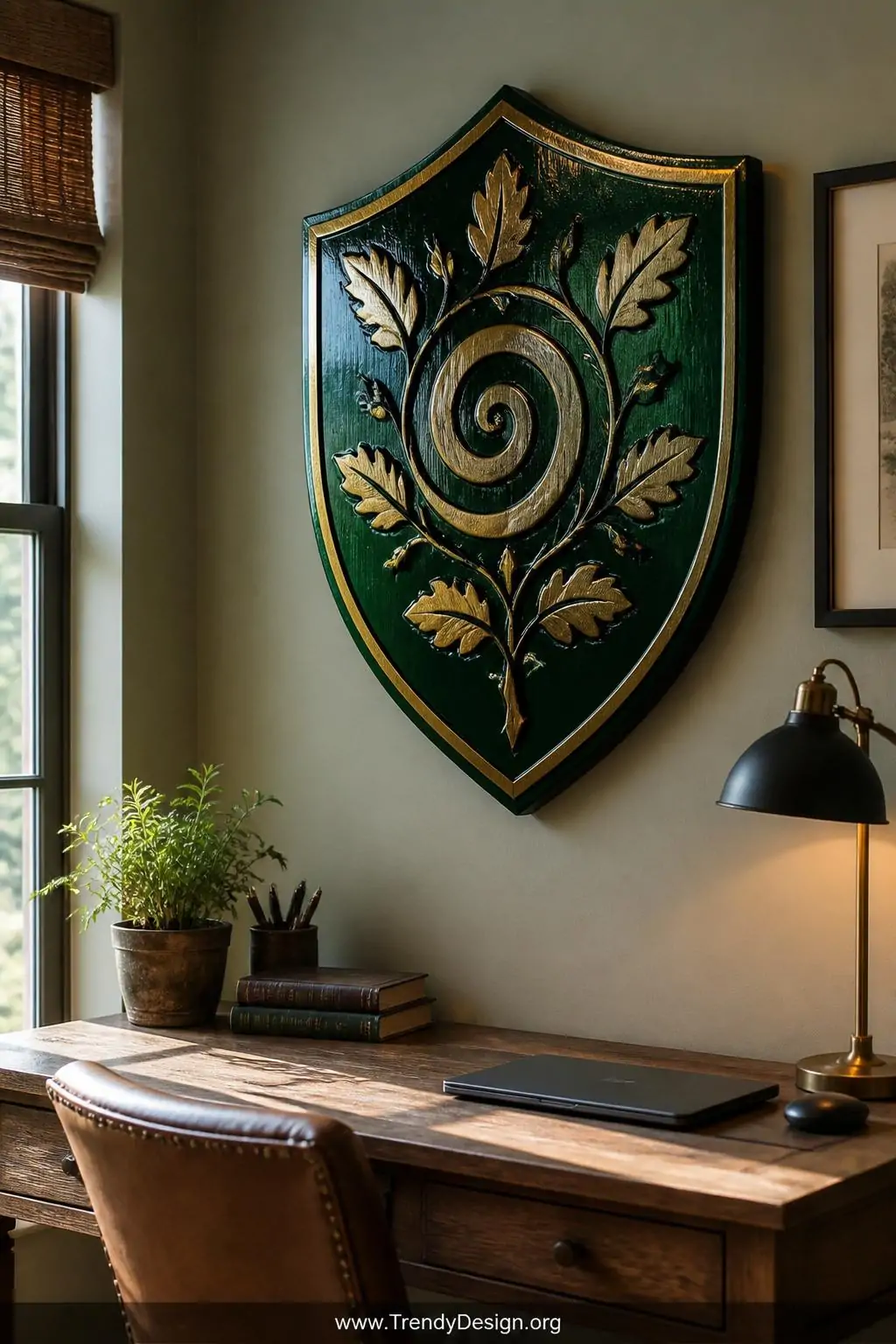 Wooden shield plaque painted with a bold heraldic druid leaf spiral in deep forest green and gold acrylic with high-gloss varnish finish, hung on a warm-toned home office wall above a rustic wooden desk, medium shot
