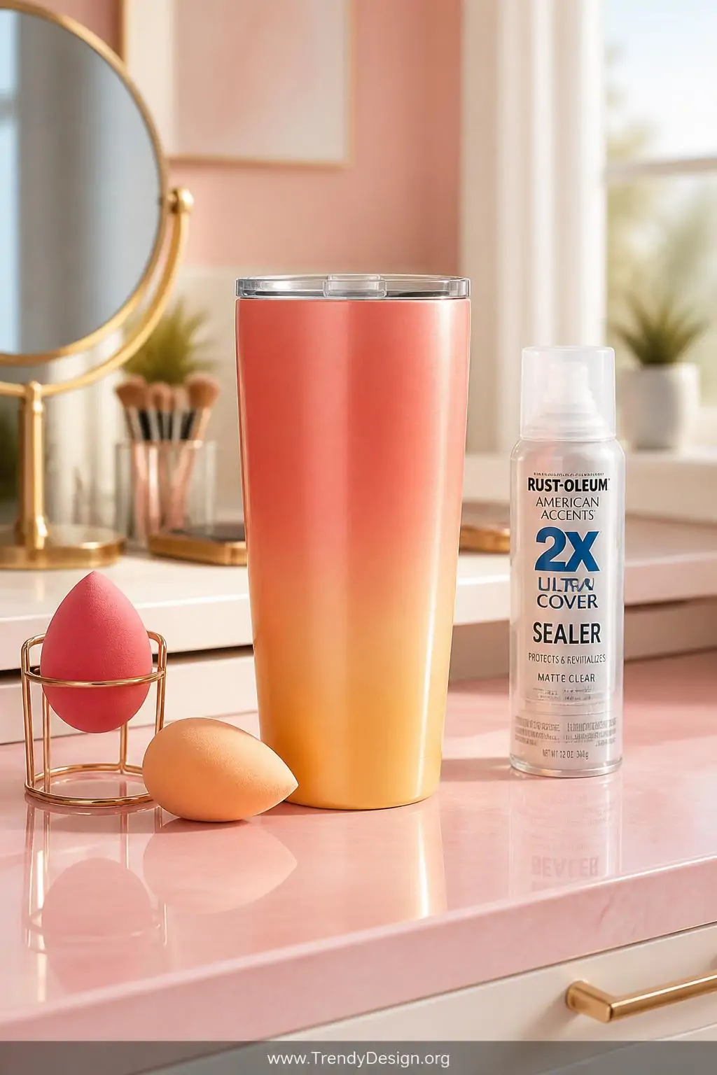 Stainless steel tumbler with seamless coral pink to golden yellow ombre gradient paint on a pastel pink vanity surface, makeup sponges and clear sealant spray beside it, bright warm morning light, medium shot
