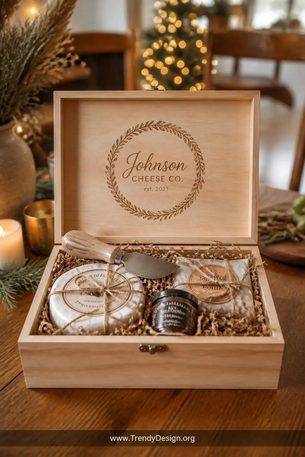 Personalized wood-burned cheese box gift filled with crinkle kraft paper and small wrapped goods tied with twine on a rustic oak dining table, holiday warm fairy light backdrop, handcrafted artisan aesthetic, closeup shot