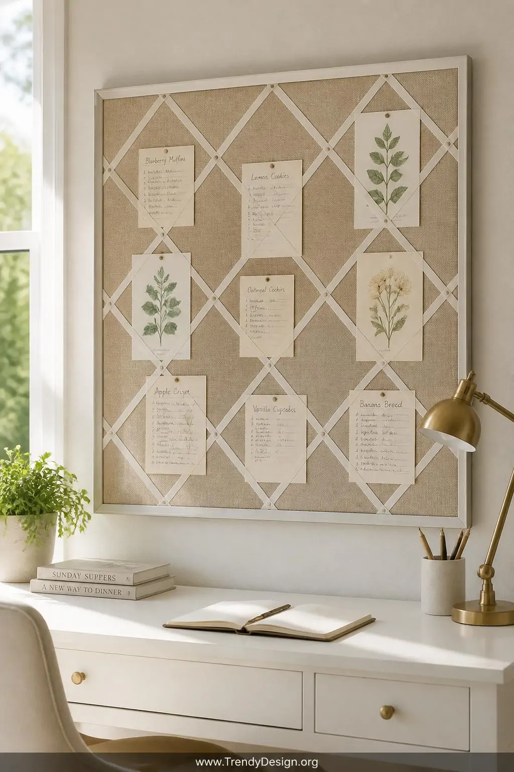 Linen-covered cardboard bulletin board with a grid of ivory ribbon and thin painted cardboard frame hanging in a bright home office, natural light streaming across the textured burlap surface covered with pinned recipe cards and botanical prints, medium shot showing the board centered above a white desk, photorealistic interior design